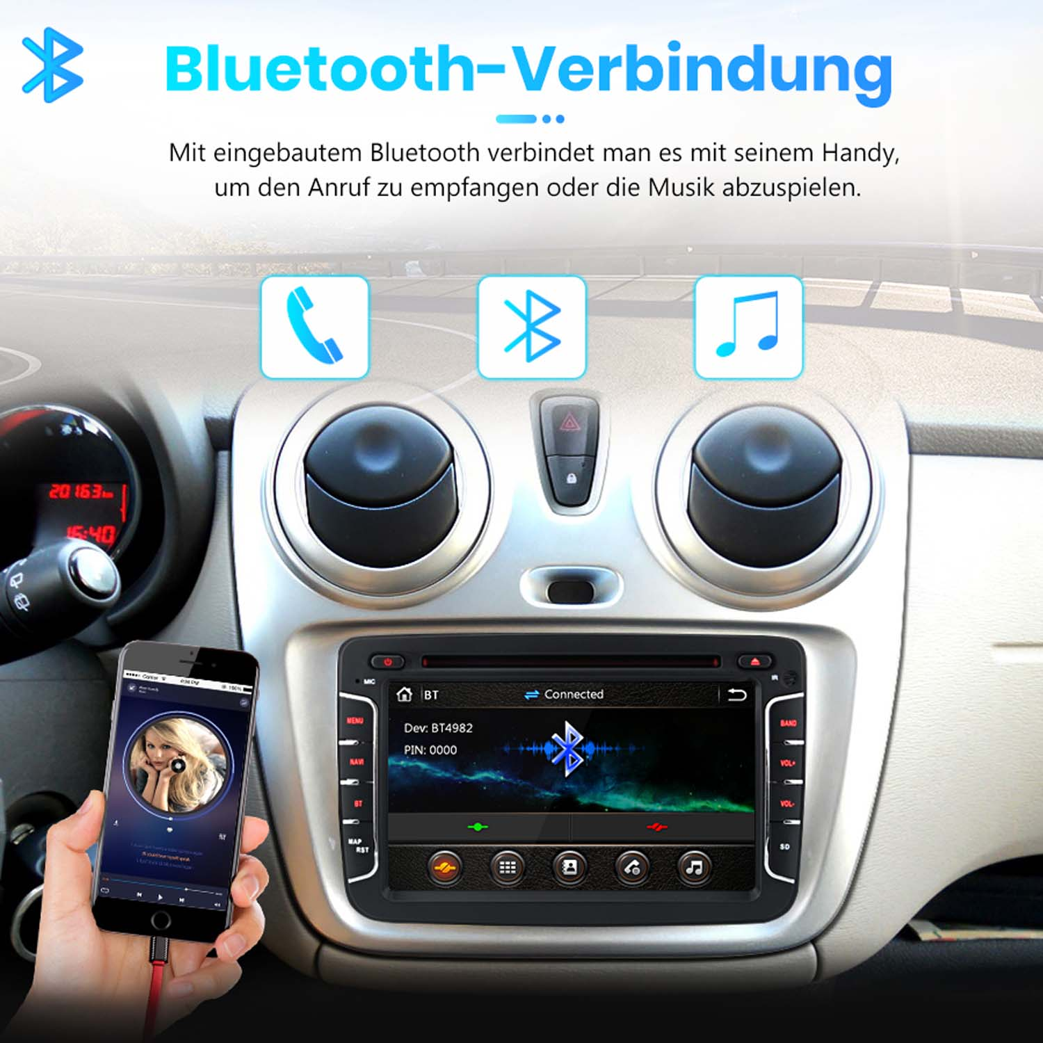 Ein Handy ist mit dem Autoradio verbunden, das Bluetooth-Funktionen unterstützt.
