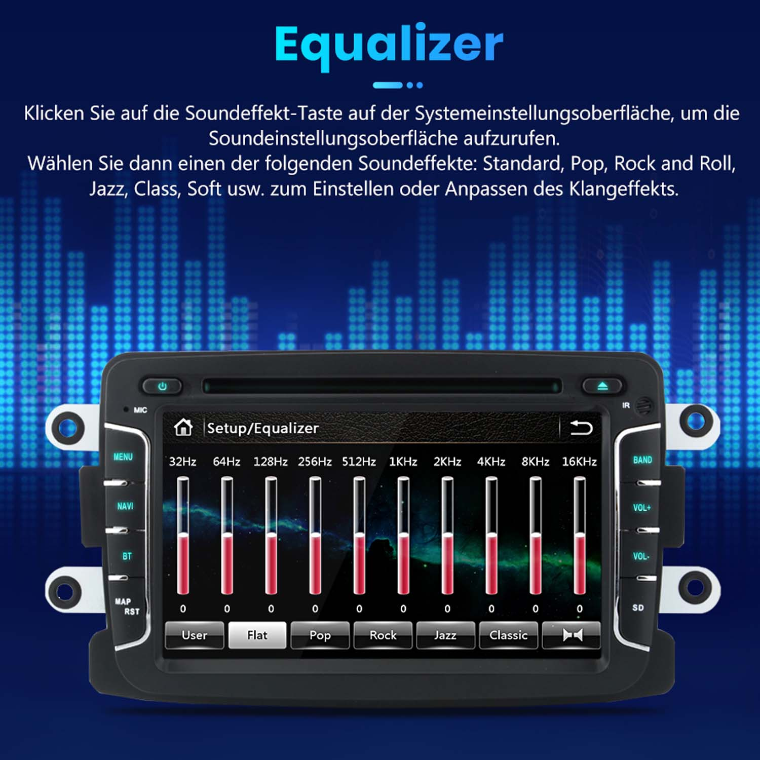 Ein Equalizer-Menü auf einem Autoradio-Bildschirm mit Pegelreglern.