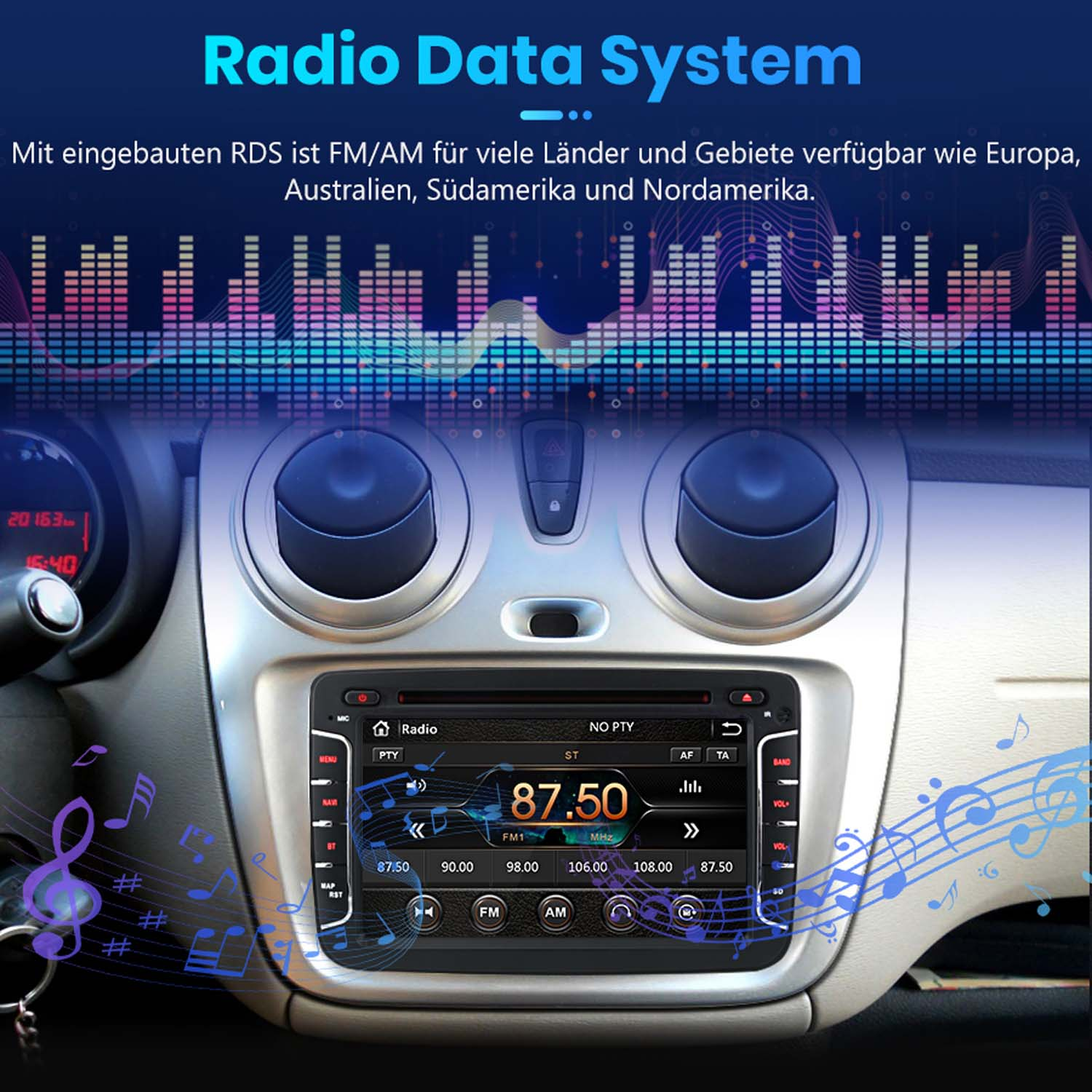 Armaturenbrett mit Autoradio, das RDS-Funktion und Equalizer anzeigt.
