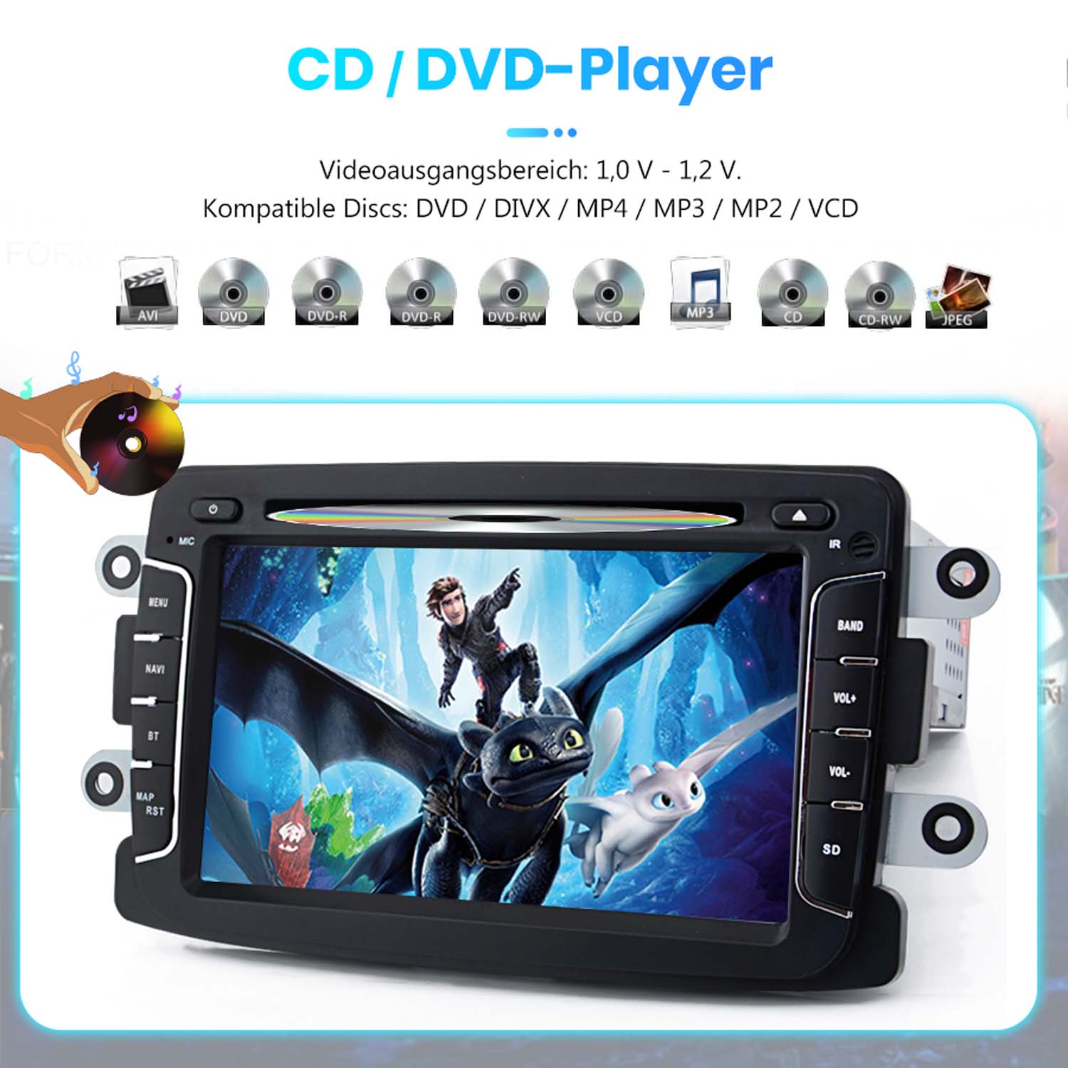 CD/DVD-Player mit Animationsanzeige von Drachenfiguren.