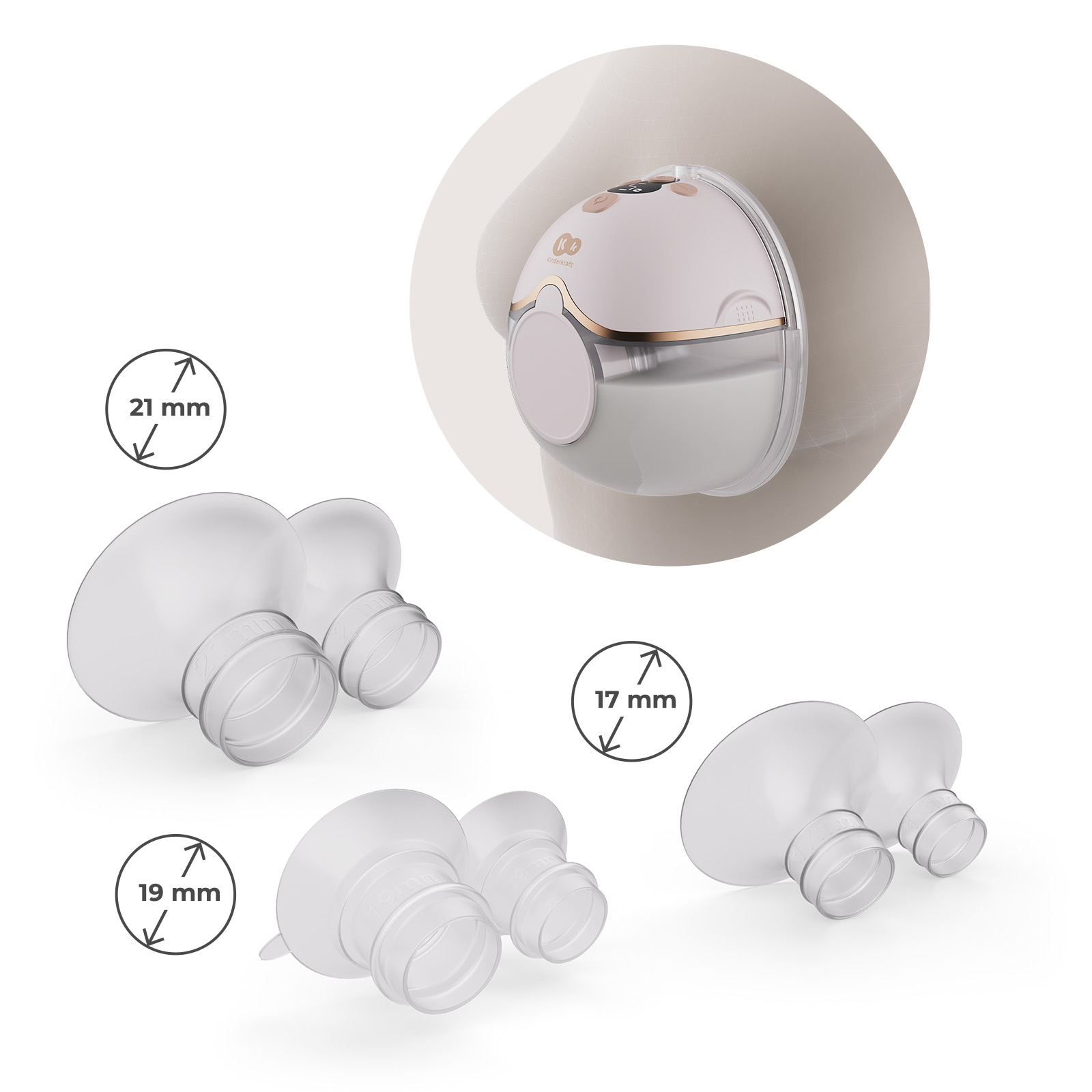 Eine Milchpumpe mit drei Größen von Flanschen: 21mm, 19mm und 17mm.