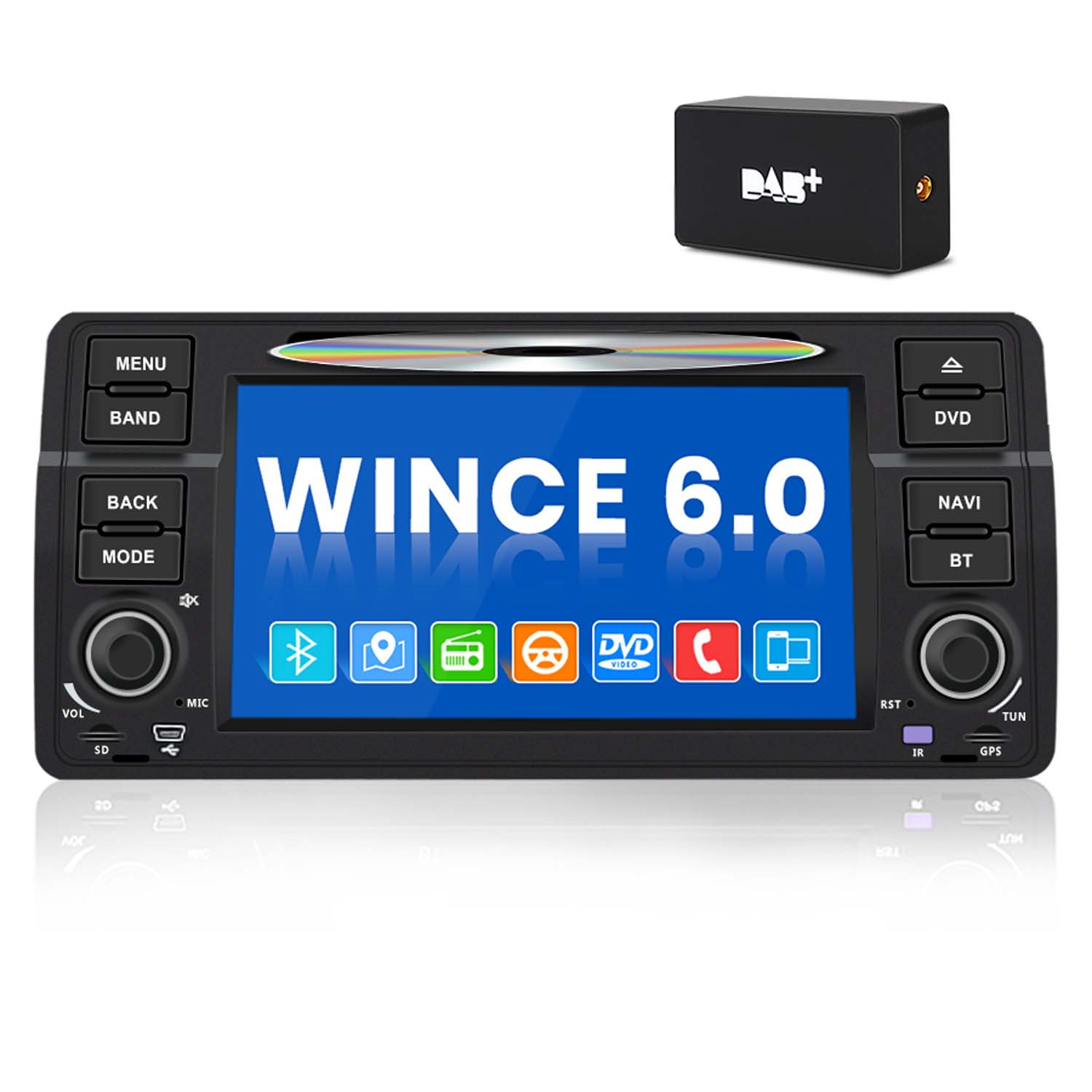 Ein Autoradio mit großem Bildschirm, das WINCE 6.0 anzeigt. Oben ein DAB+-Empfänger.