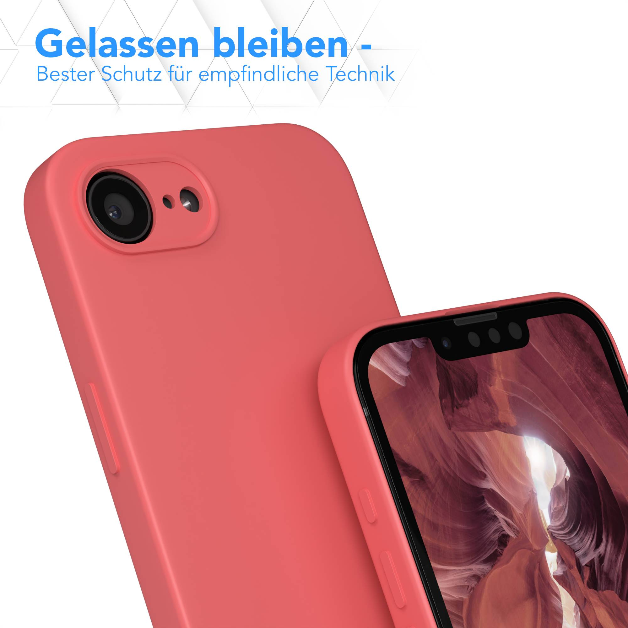 Ein Korallenrotes Handy mit Hülle, Nahaufnahme der Kamera und des Bildschirms.