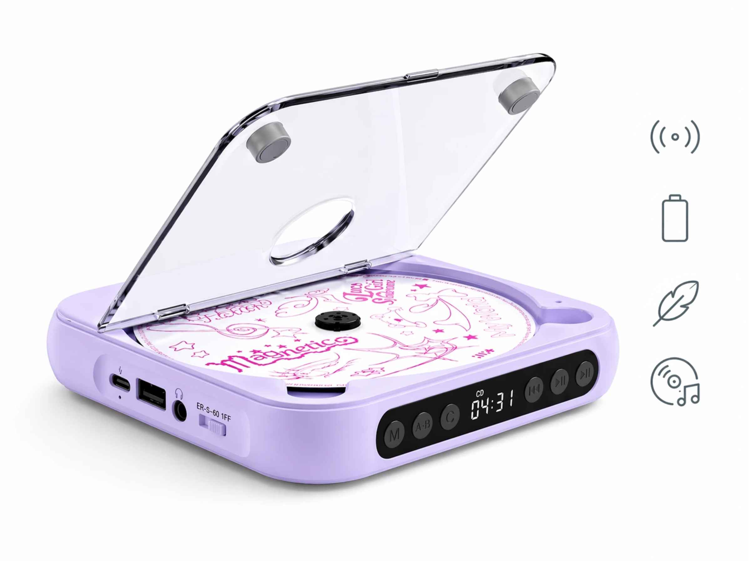 Ein lavendelfarbener tragbarer CD-Player mit offenem Deckel, der eine CD zeigt.