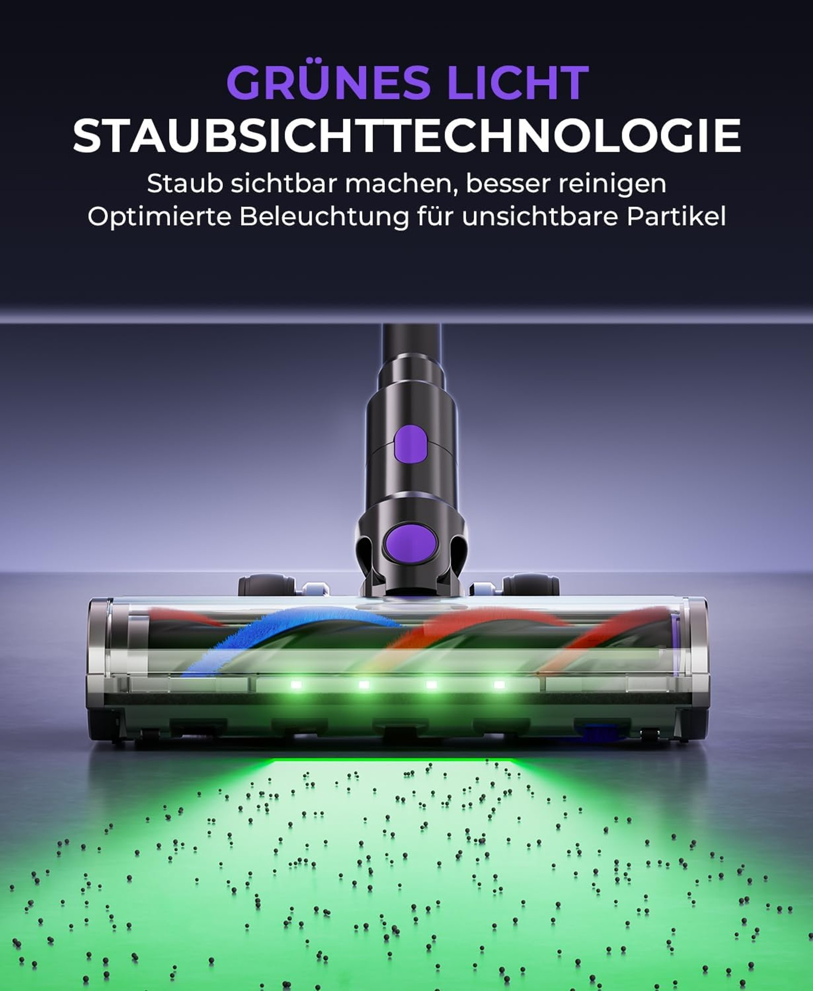 Staubsaugerkopf mit grüner Beleuchtung, die Staubpartikel auf dem Boden sichtbar macht.