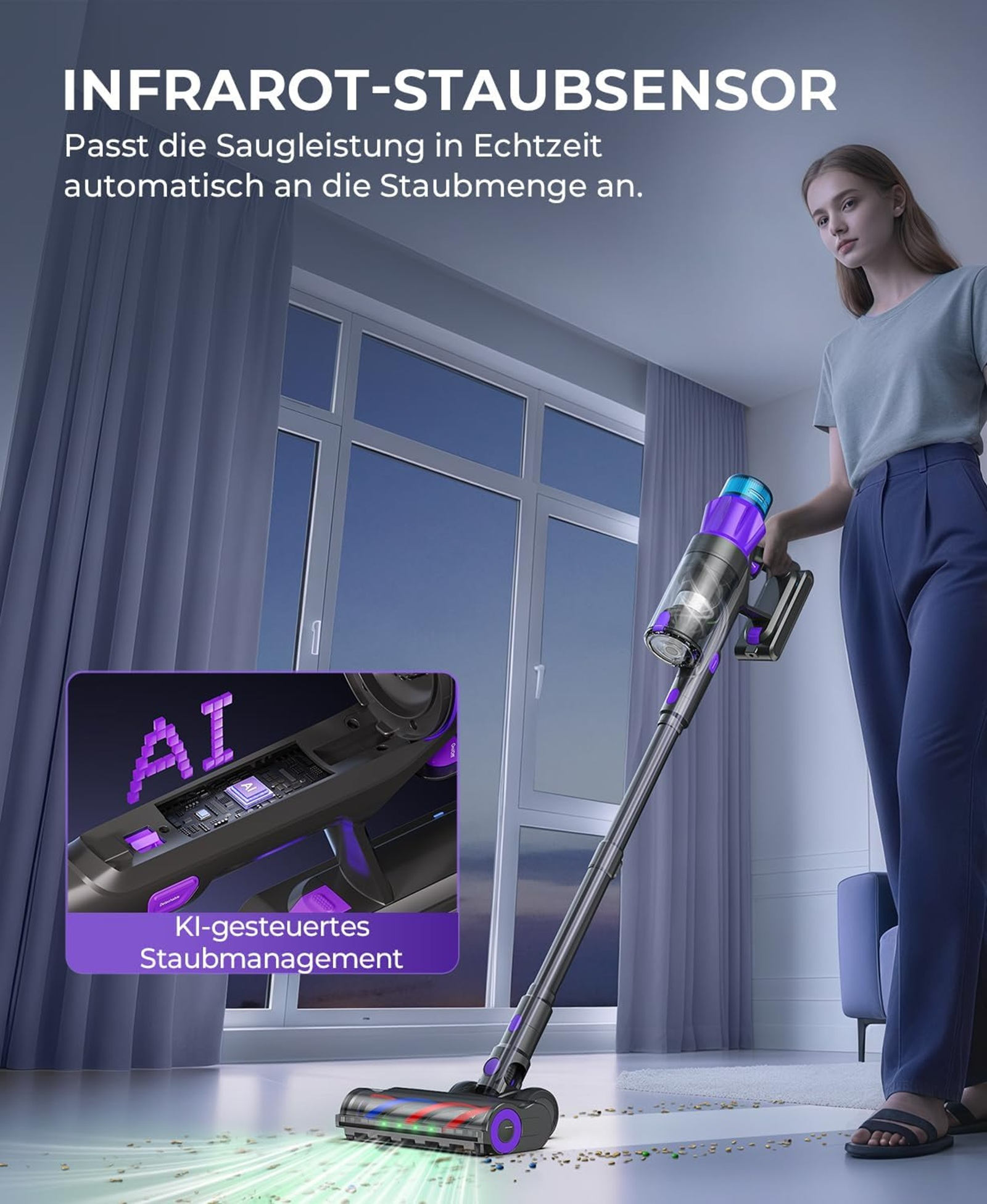 Frau mit Staubsauger, KI-Staubmanagement-Anzeige auf dem Bildschirm.