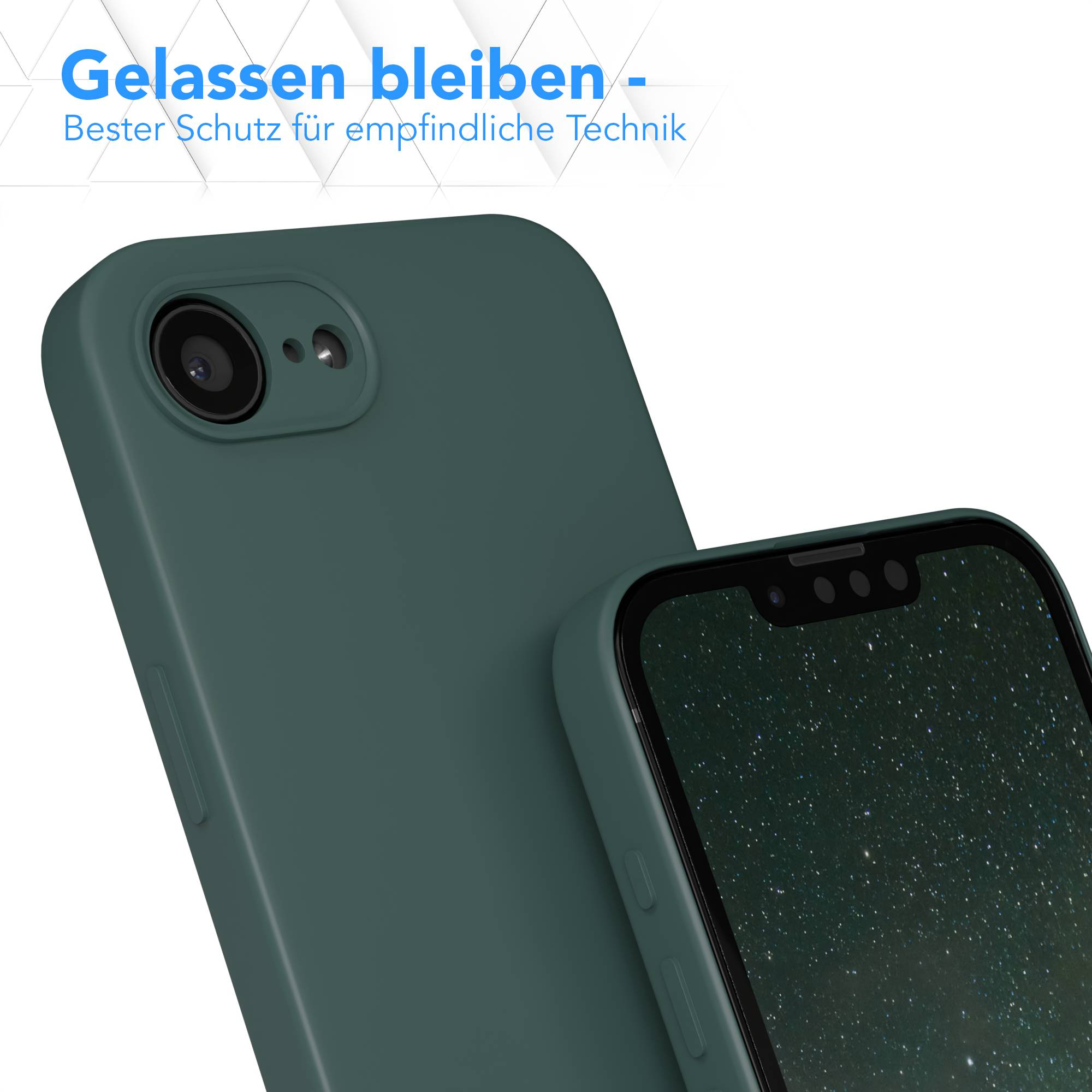 Dunkelgrüne Hülle für ein Smartphone, mit Kamera und Bildschirm.