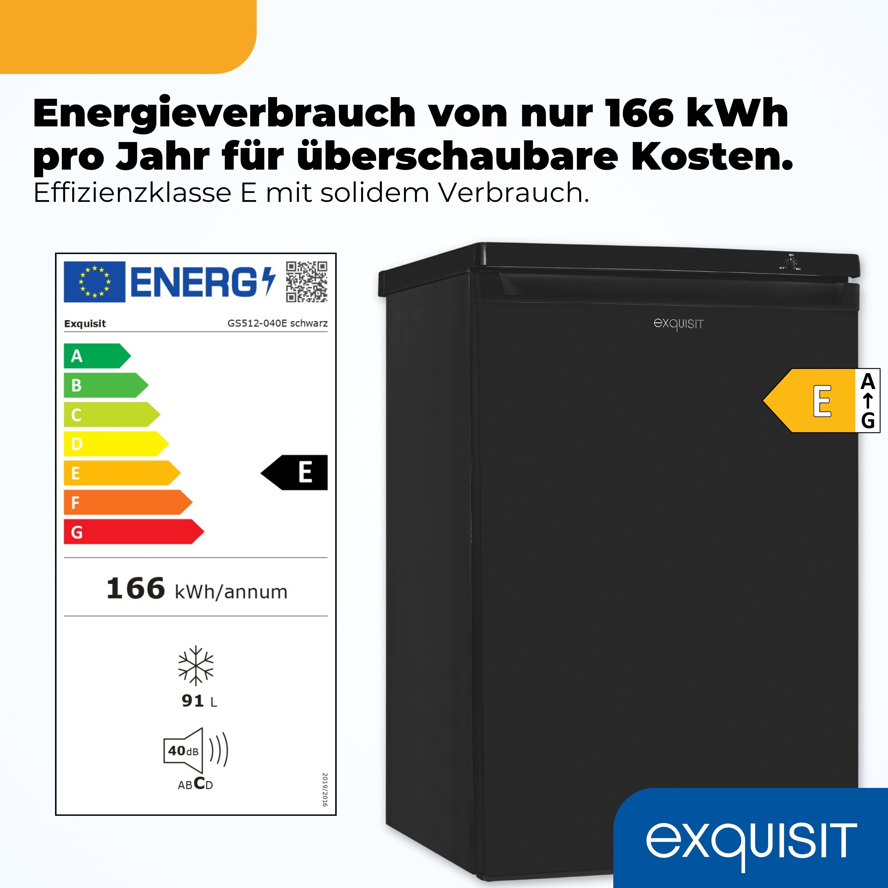 Schwarzer Exquisit Kühlschrank mit Energieeffizienzlabel Klasse E.
