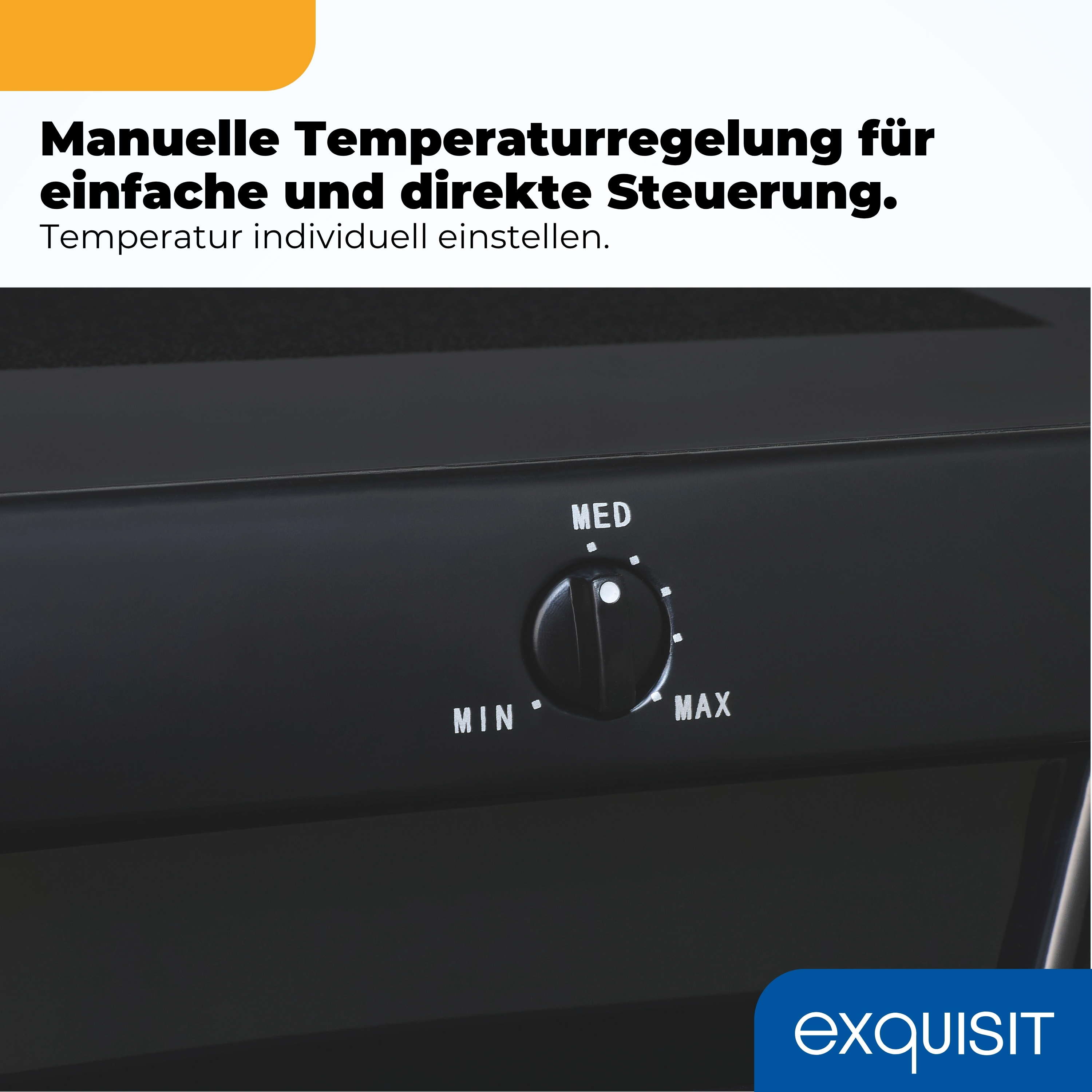 Ein schwarzer Drehknopf mit MIN, MED und MAX Markierungen auf einem schwarzen Gerät.