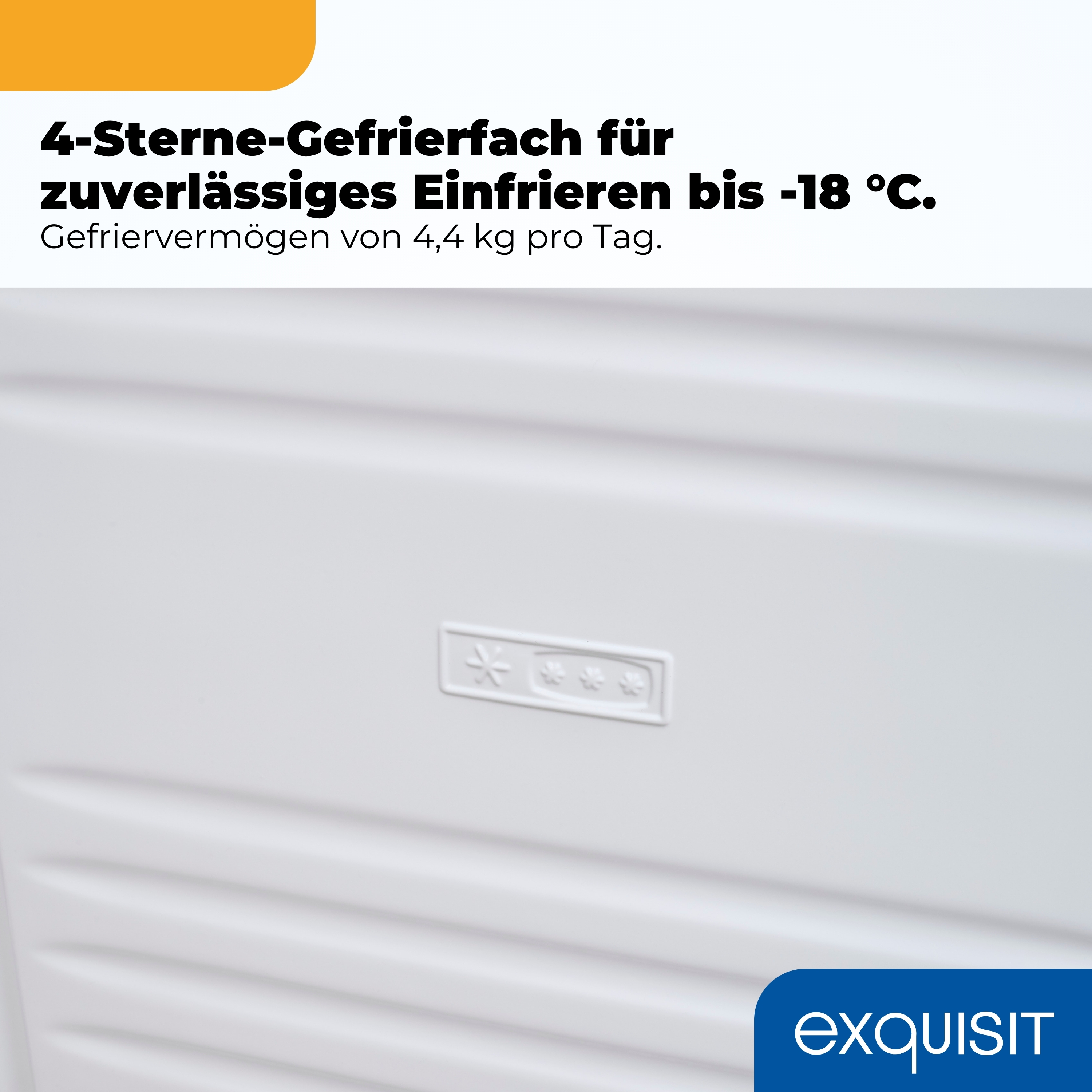 4-Sterne-Gefrierfach für zuverlässiges Einfrieren bis -18°C. Gefriervermögen 4,4 kg/Tag.