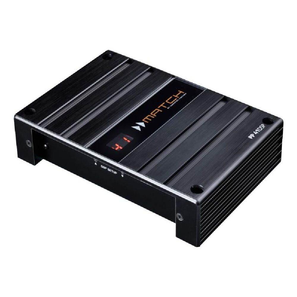 Ein schwarzer MATCH PP 41DSP Verstärker mit orangenem Display und geripptem Gehäuse.