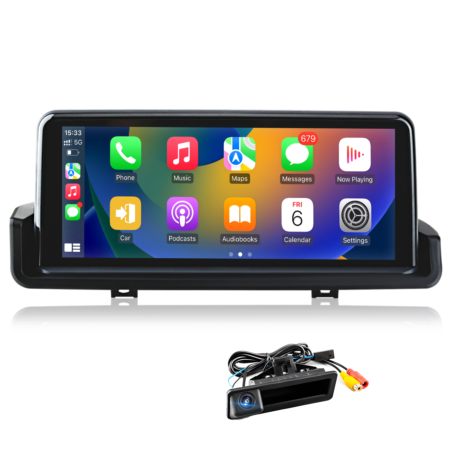 Autodisplay zeigt Telefon, Musik, Karten, Nachrichten, Wiedergabe, Auto, Podcasts, Hörbücher, Kalender, Einstellungen.