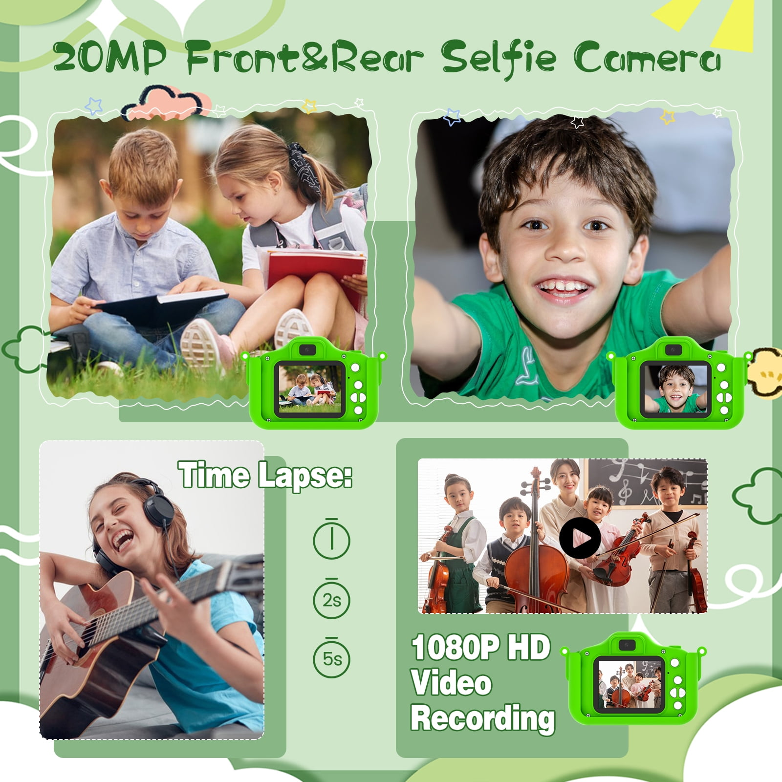 Kinder lernen, spielen Musik und machen Selfies mit einer grünen Kamera.