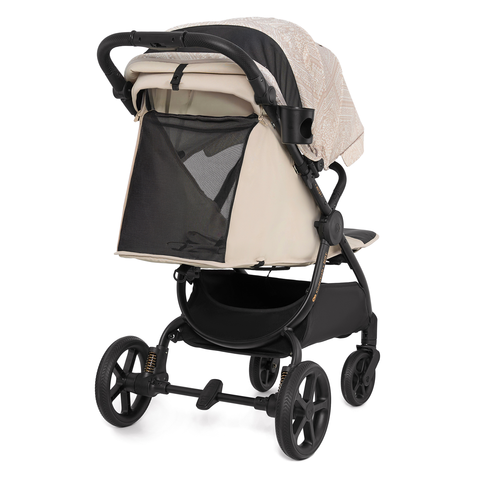 Ein beiger Kinderwagen mit schwarzem Gestell und Rädern, weiß gemustertem Verdeck.