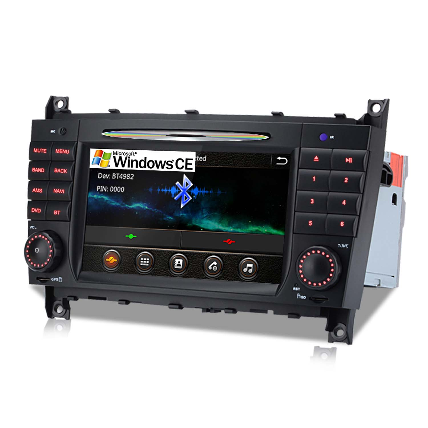 Ein Autoradio mit Touchscreen, das Windows CE anzeigt. Mit Knöpfen und Tasten.