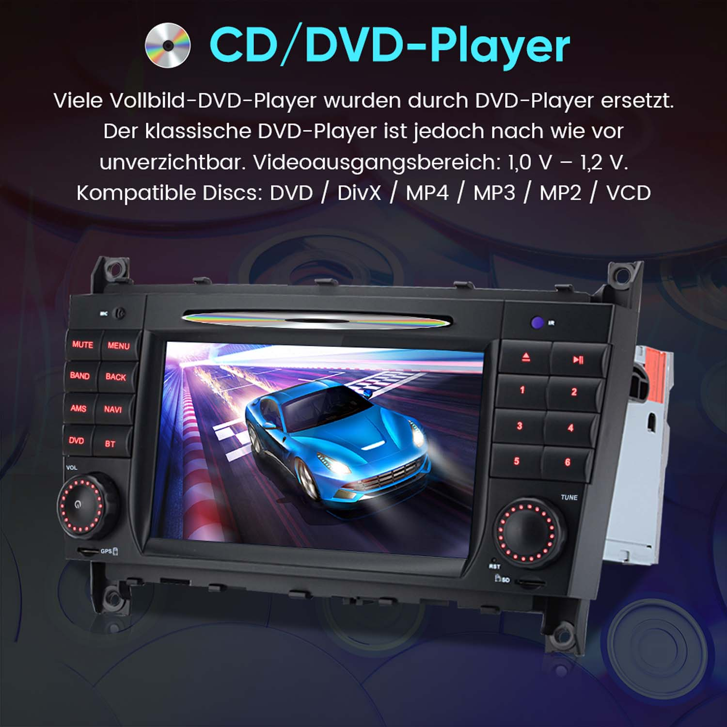 Ein Autoradio-Player mit Touchscreen zeigt einen blauen Sportwagen auf einer Rennstrecke.