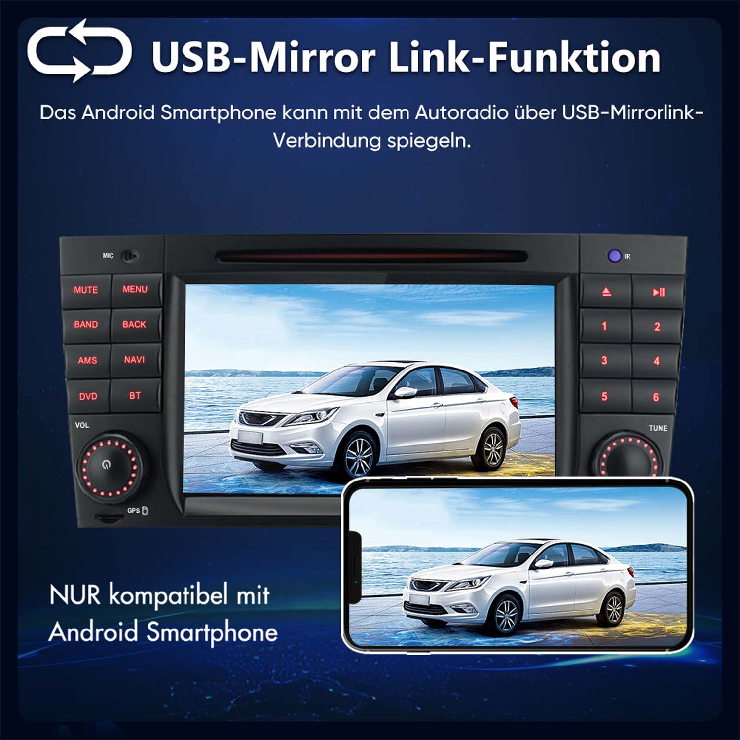 Ein Autoradio zeigt ein weißes Auto auf einer Straße. Ein Handy spiegelt das Auto.