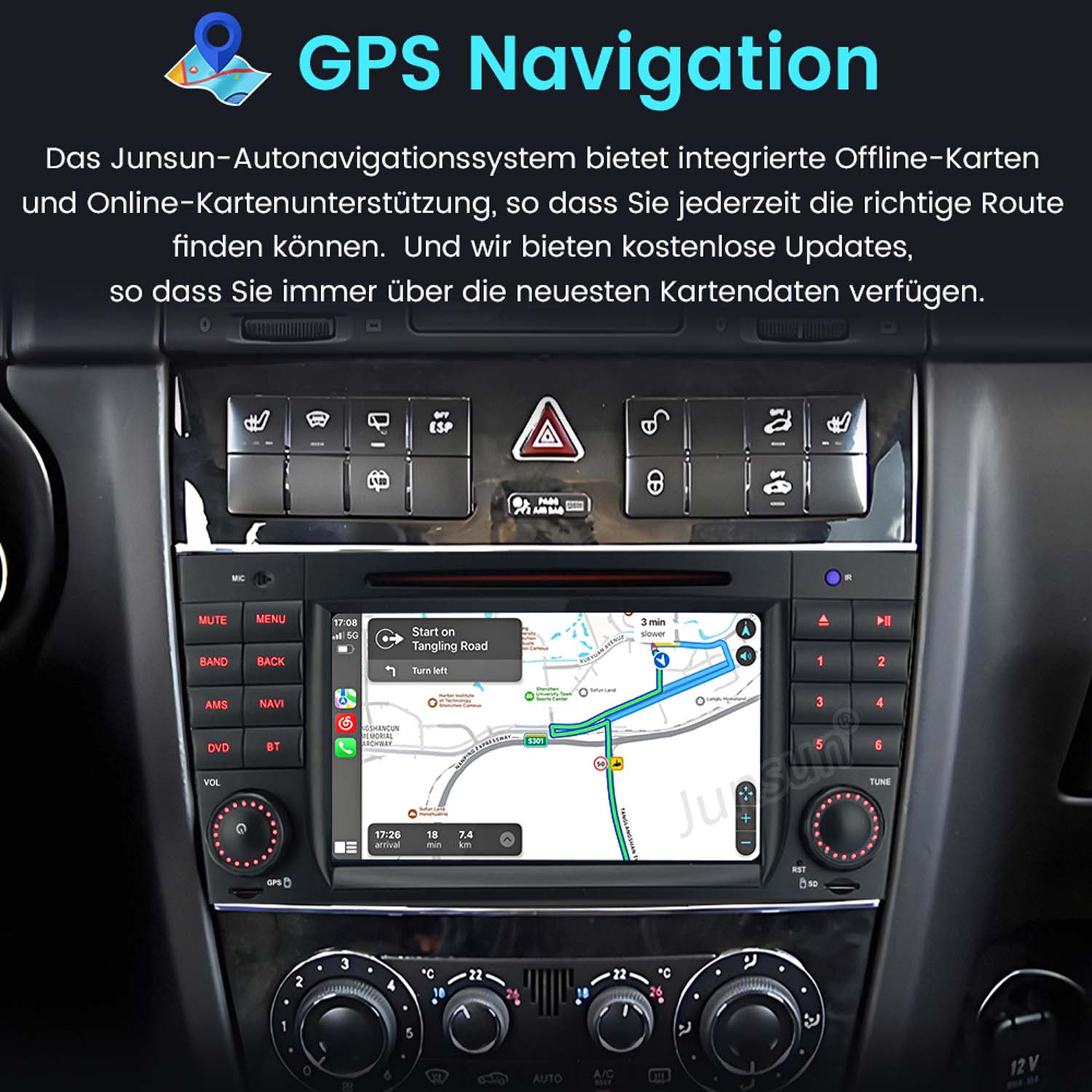 Ein Auto-Navigationssystem mit Kartenansicht und Bedienelementen.