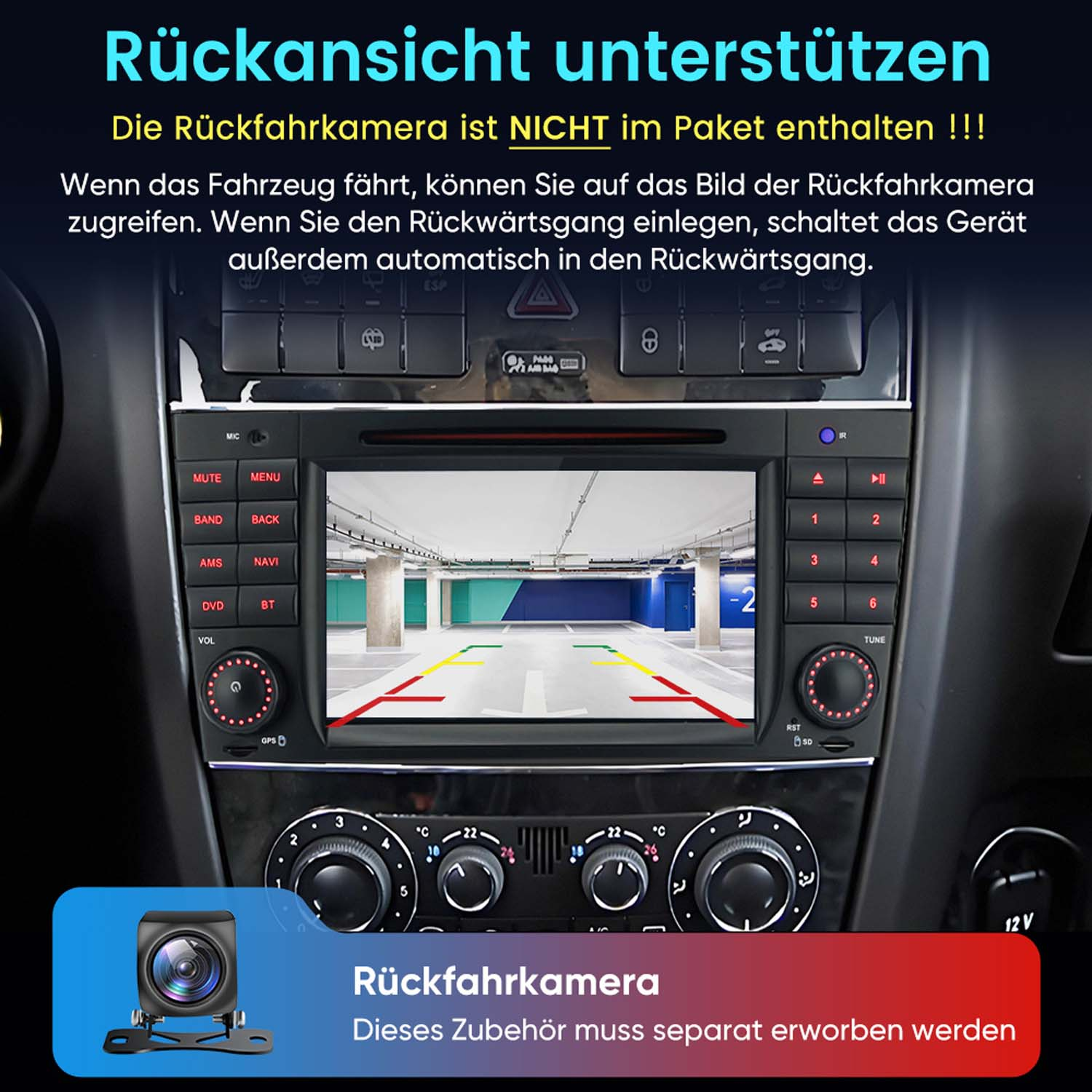 Ein Autoradio zeigt eine Rückfahrkamera-Ansicht eines Parkhauses.