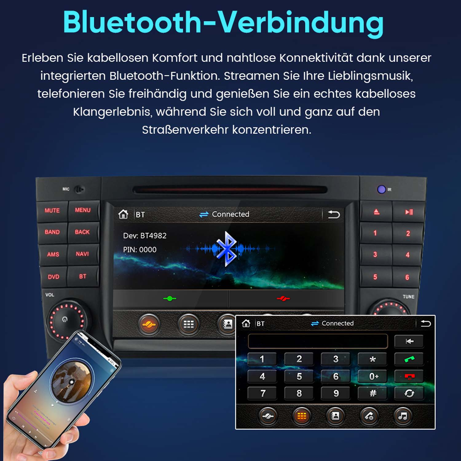 Ein Auto-Infotainmentsystem mit Bluetooth-Verbindung und einem Smartphone.