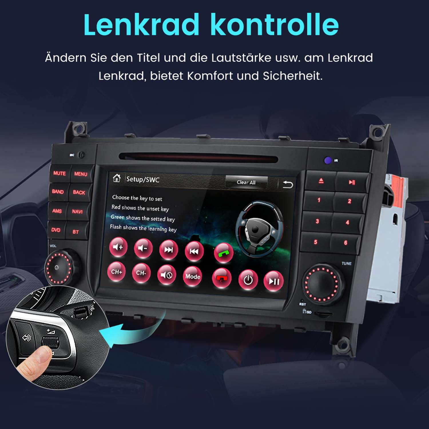 Ein Autoradio mit Lenkradsteuerungselementen und einem Touchscreen-Display.