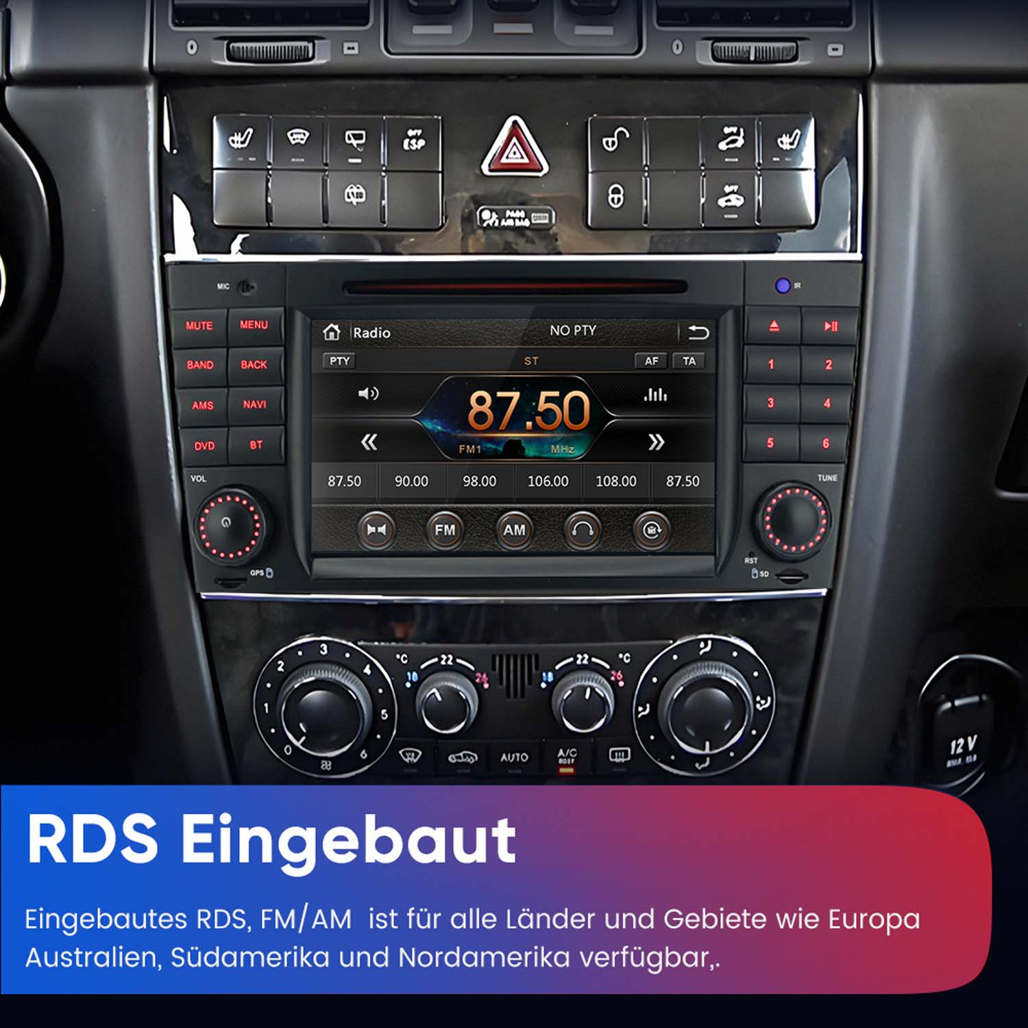 Auto-Infotainmentsystem mit Radio, Tasten und Drehreglern. Blauer Text unten.