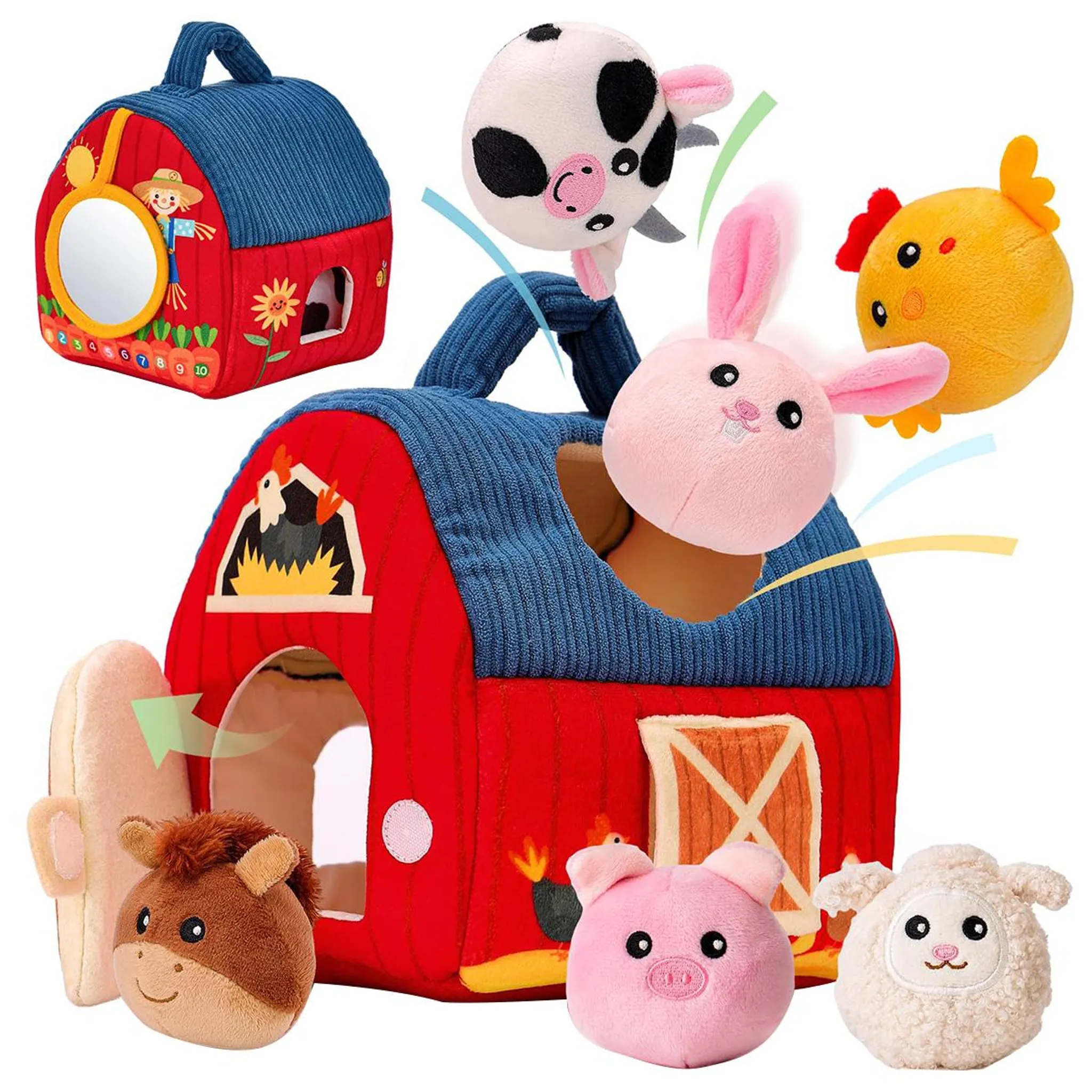 Ein Spielzeugbauernhof mit Stofftieren: Schwein, Schaf, Kuh, Huhn, Hase und Pferd.