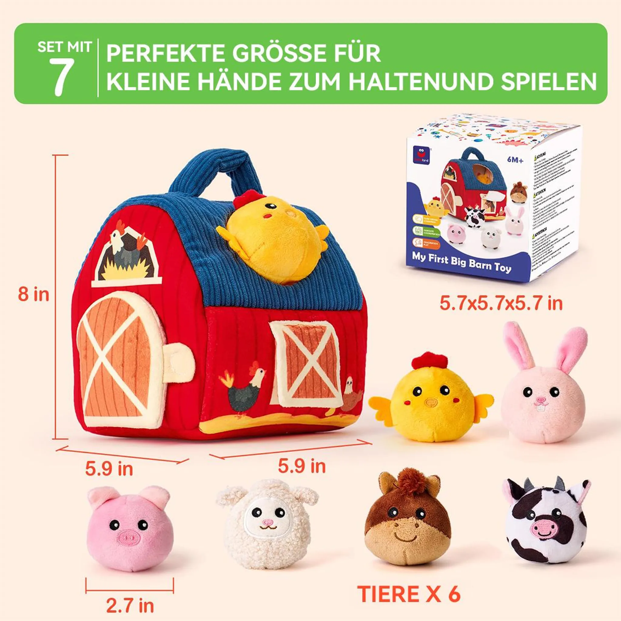 Ein weiches Bauernhaus-Spielzeug mit 6 Tierfiguren: Huhn, Hase, Schwein, Schaf, Pferd, Kuh.