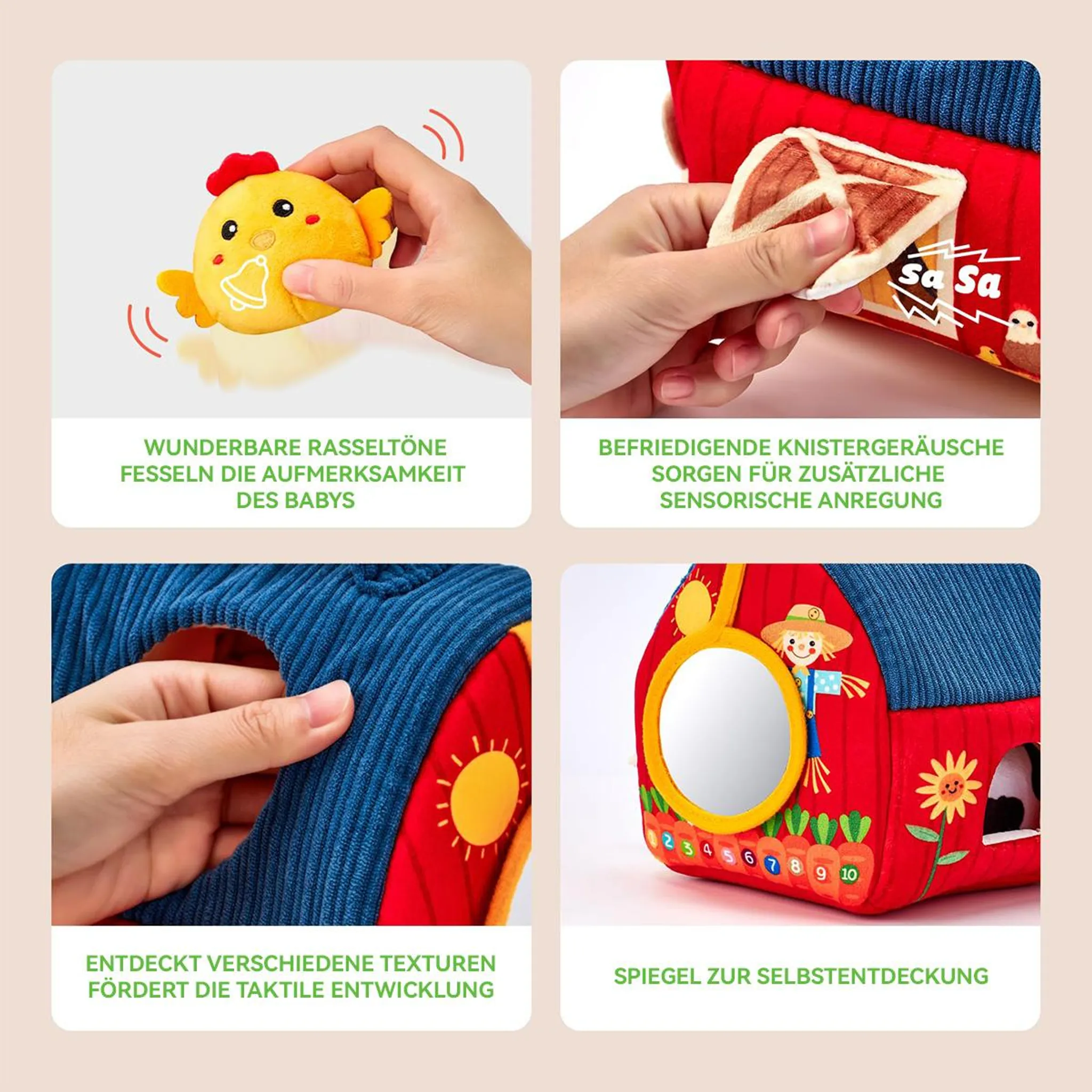 Baby Spielzeug mit Huhn, Scheune, Spiegel, Zahlen, Sonne und Blume. Verschiedene Texturen.