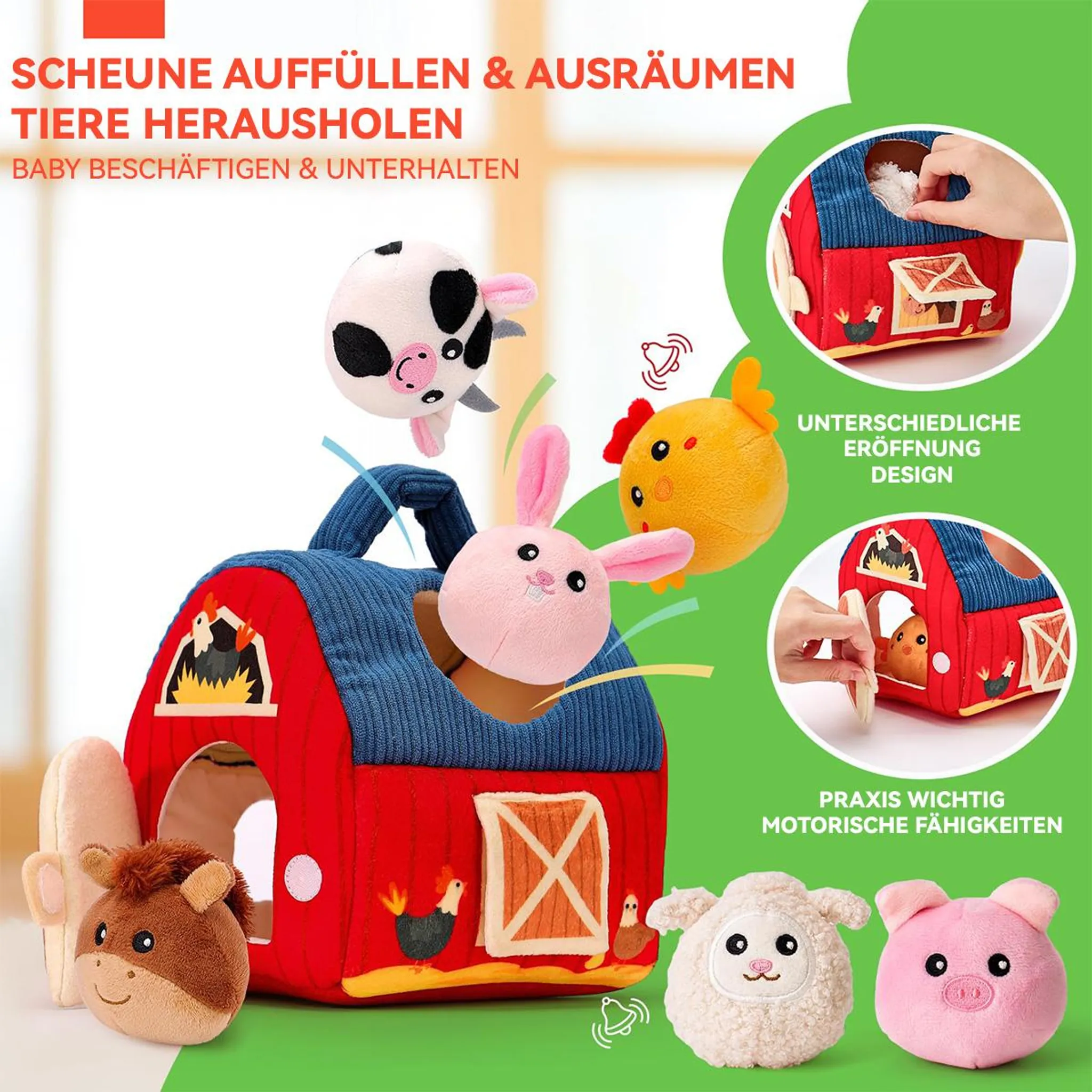 Rote Scheune mit Stofftieren: Kuh, Huhn, Hase, Schaf, Schwein und Pferd.
