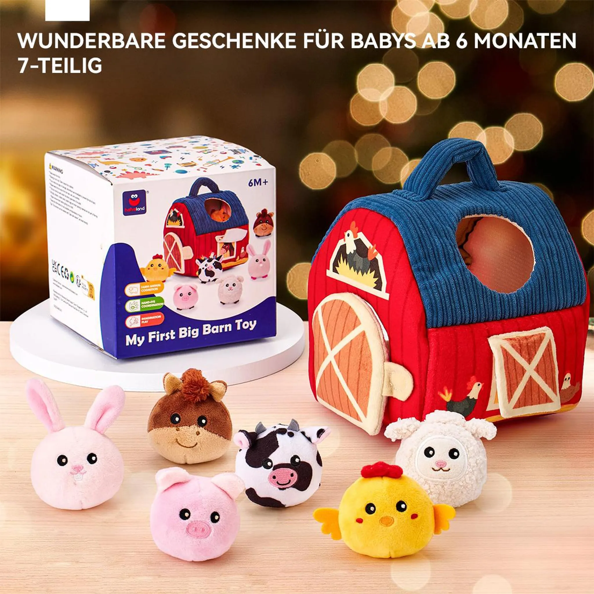 Ein weiches Bauernhaus-Spielzeug mit Tieren: Huhn, Schaf, Kuh, Schwein, Hase, Pferd.