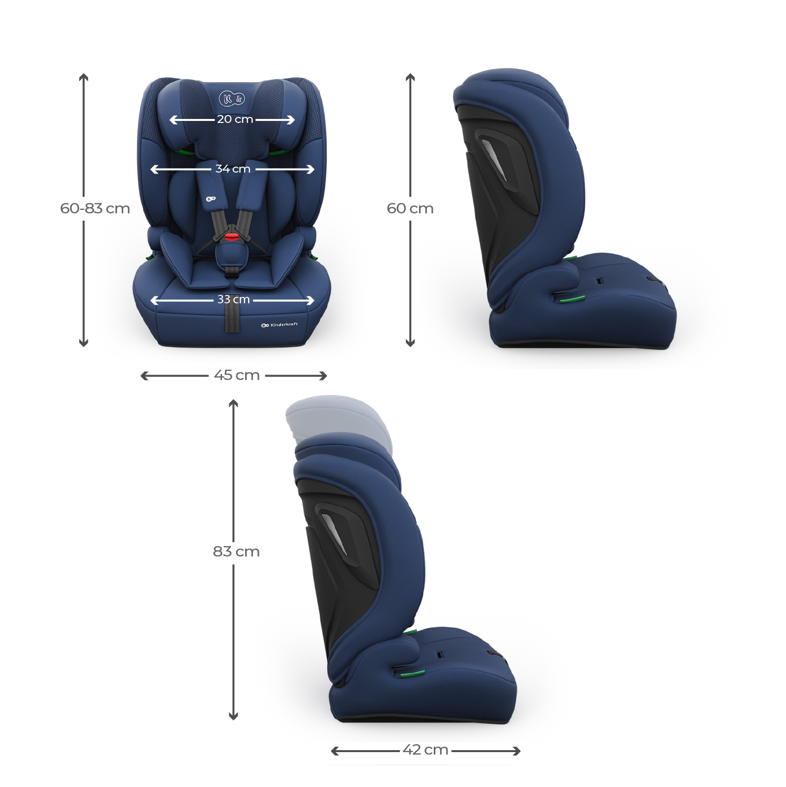 Dunkelblauer Kindersitz mit Größenangaben: 60-83 cm hoch, 45 cm breit.