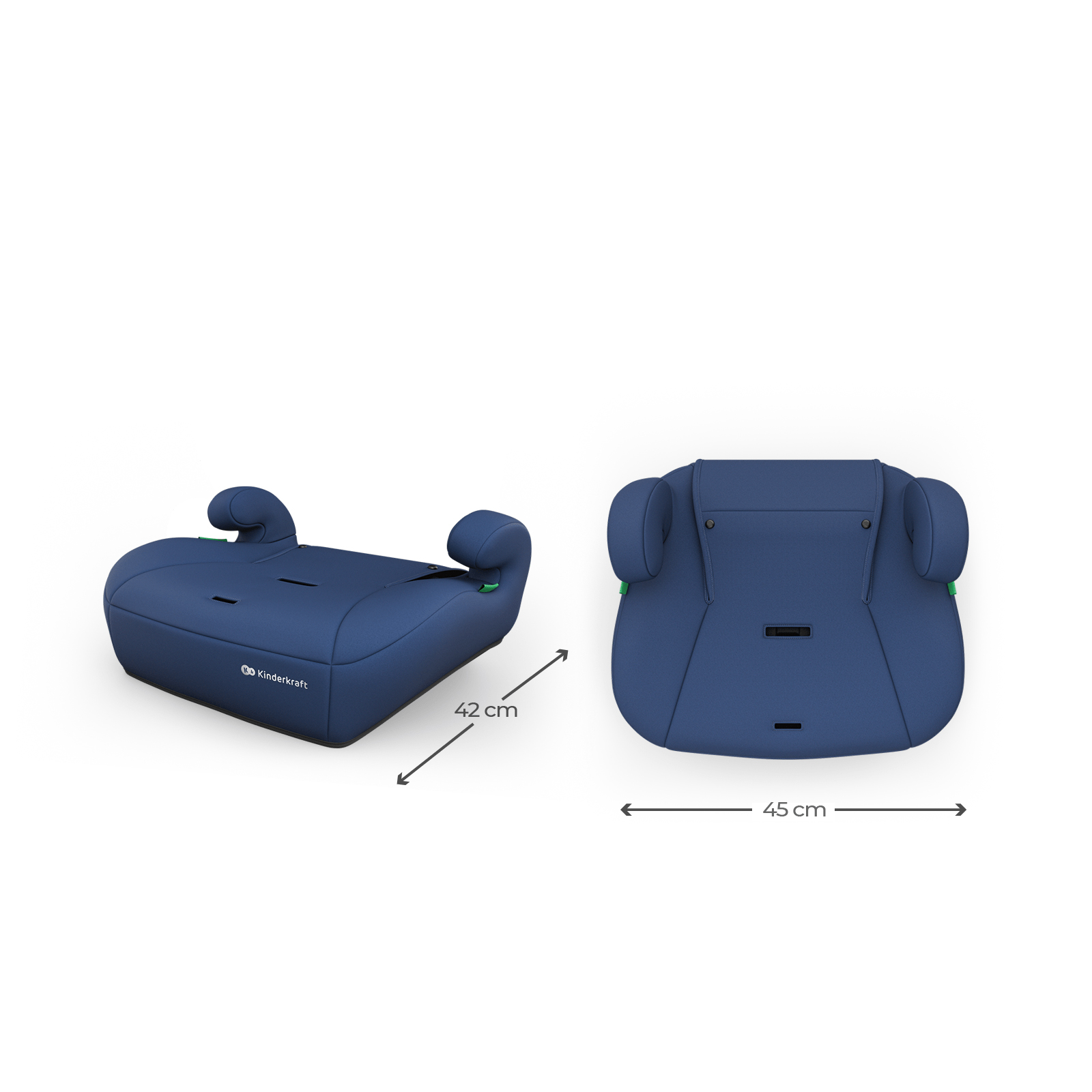 Dunkelblauer Kindersitz-Booster mit Armlehnen, 42 und 45 cm breit.