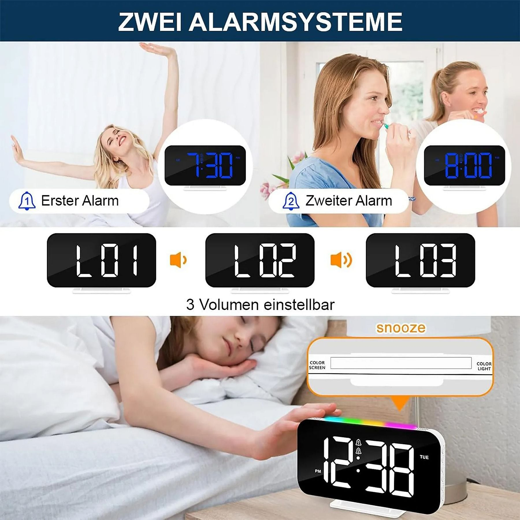 Digitaler Wecker mit bunten Lichtern, Snooze-Funktion und drei Lautstärken.