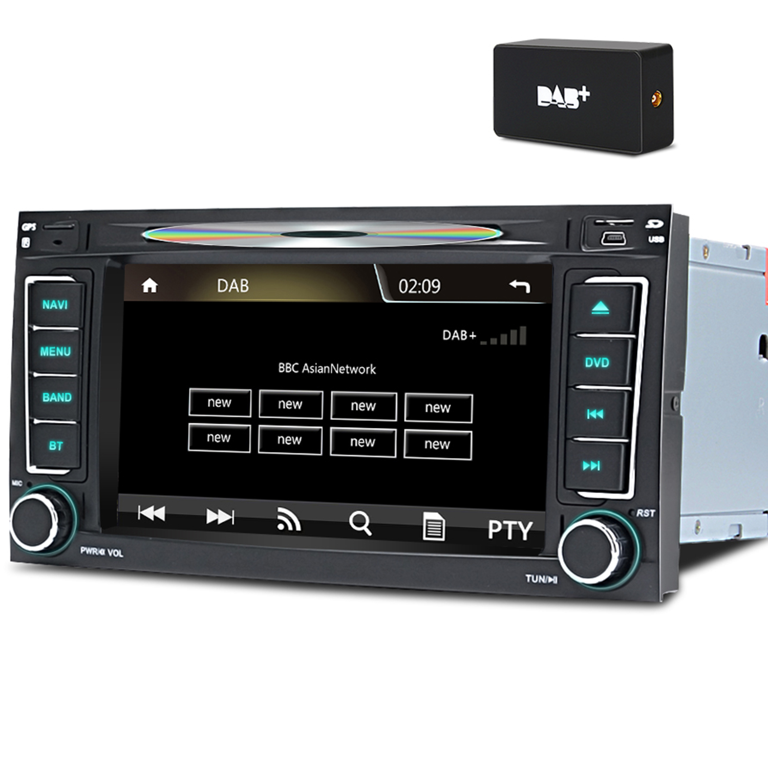 Digitalradio-Empfänger mit CD-Slot, Touchscreen, Knöpfen und einem externen DAB+-Adapter.