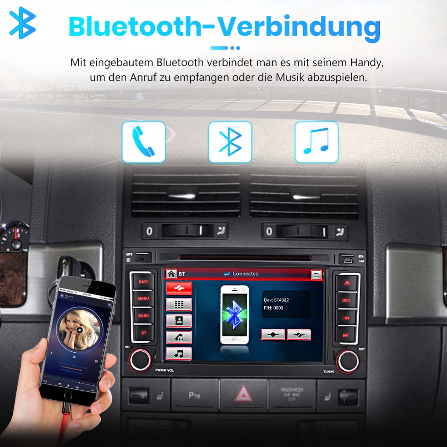 Ein Handy ist mit dem Autoradio verbunden, das Bluetooth anzeigt.