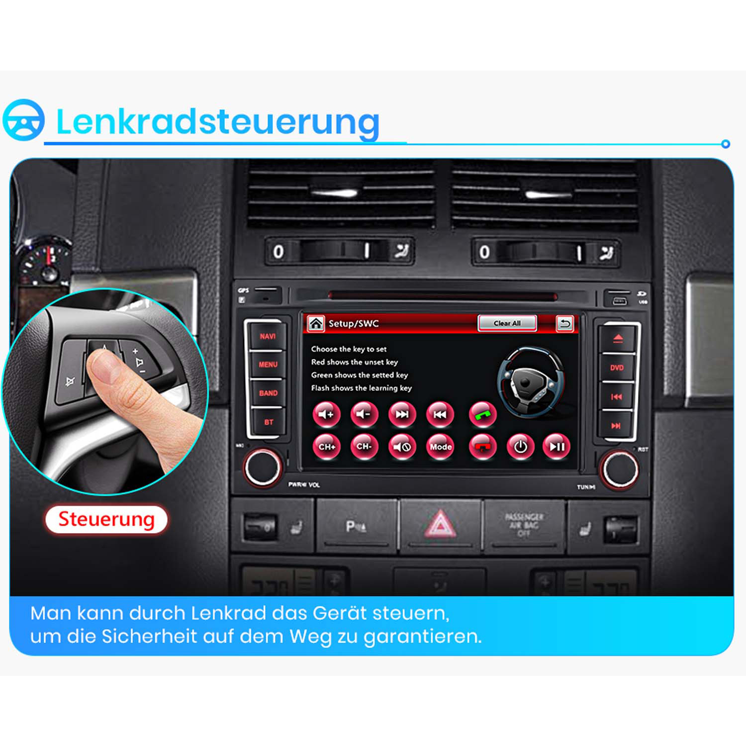 Ein Finger drückt auf einen Knopf am Lenkrad eines Autos, das Infotainmentsystem.