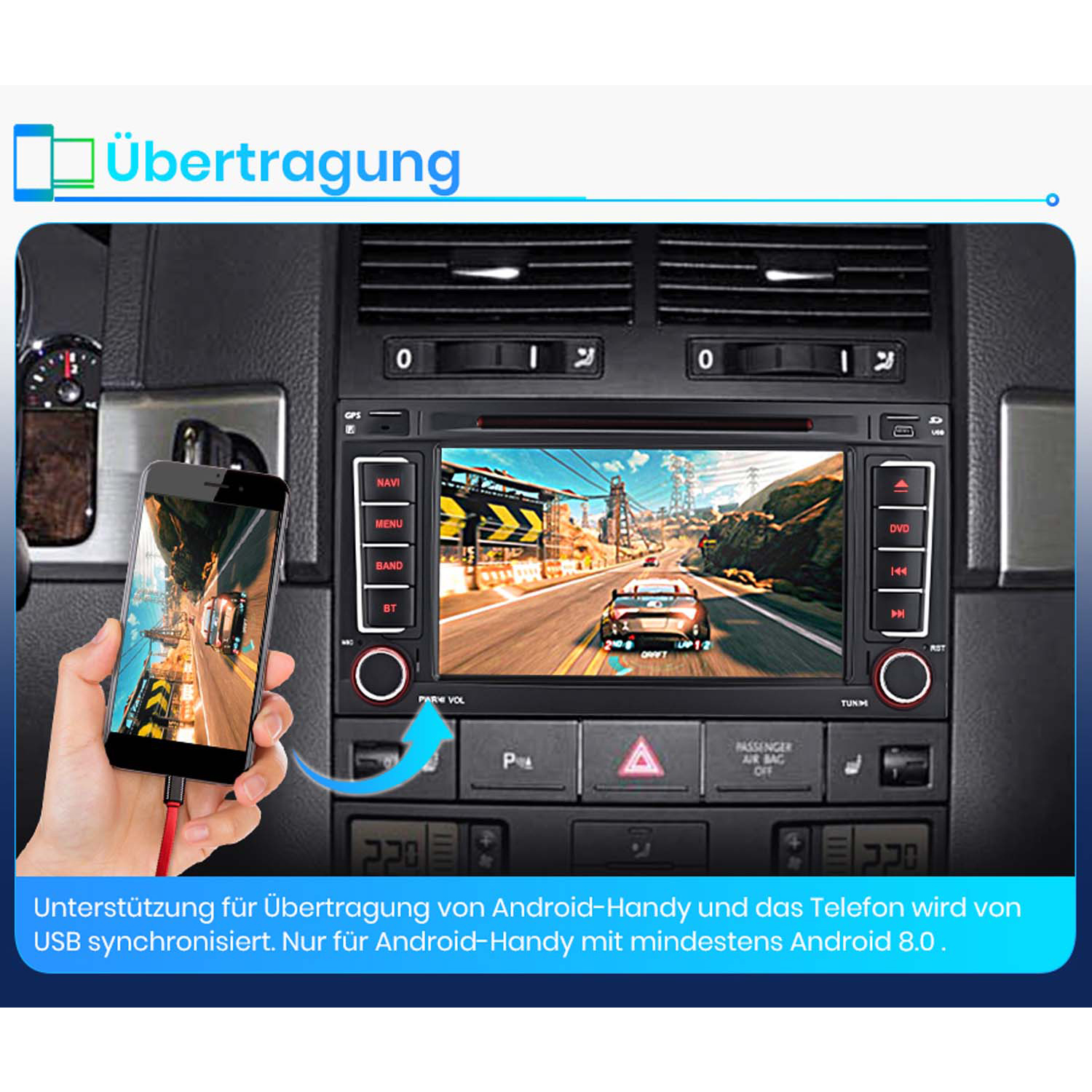 Hand hält Handy mit rotem Kabel, verbunden mit Auto-Infotainment-Bildschirm.