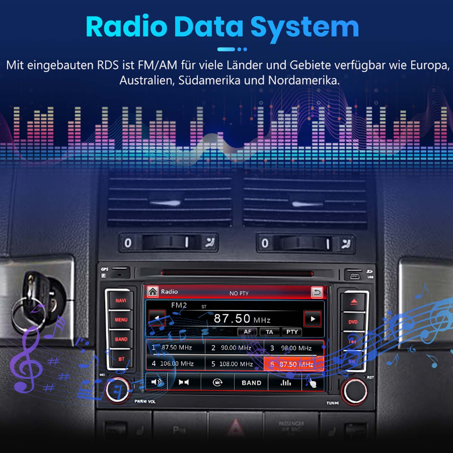 Autoradio mit RDS-Anzeige: Frequenz 87.50 MHz, Senderliste mit Musiknoten.