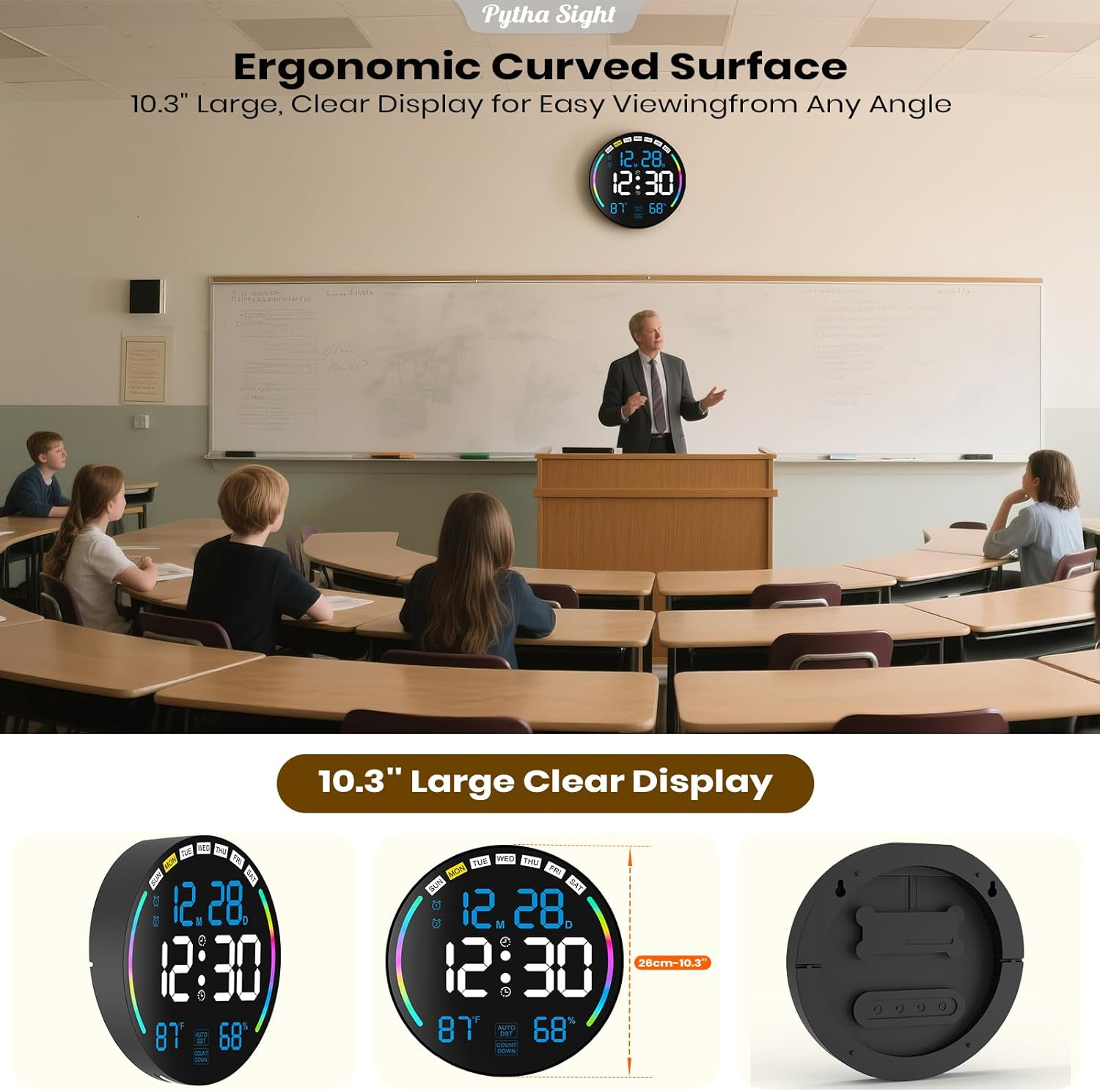 Klassenzimmer mit Lehrer und Schülern, digitale Uhr mit Datum, Zeit, Temperatur.