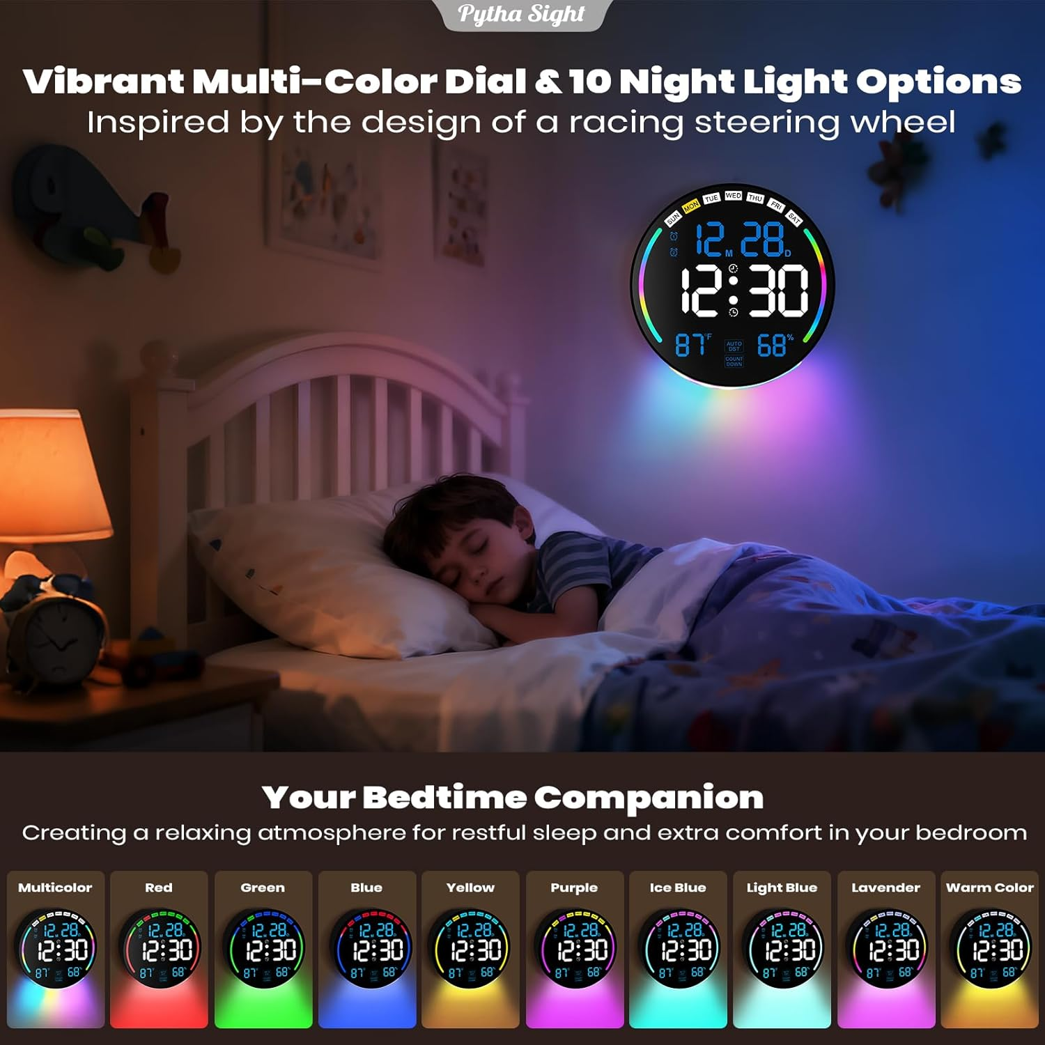 Ein Kind schläft im Bett, beleuchtet von einer bunten LED-Uhr, die Zeit und Temperatur anzeigt.