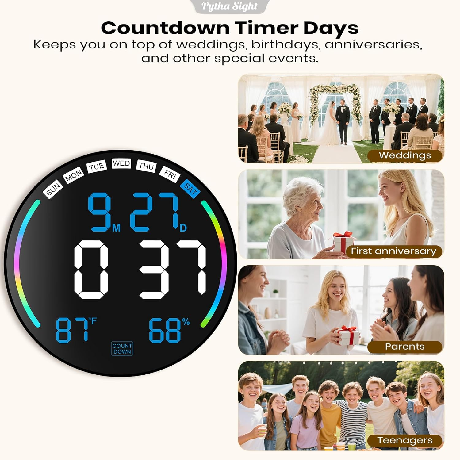 Digitaler Countdown-Timer zeigt 9,27 Monate, 037 Tage, 87°F und 68% Luftfeuchtigkeit.