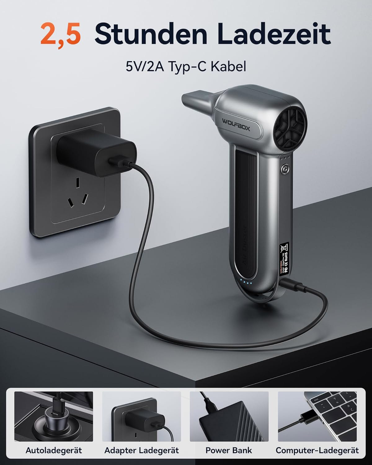 Graues WOLFBOX-Gerät lädt über USB-C an Steckdose. 2,5 Std Ladezeit.