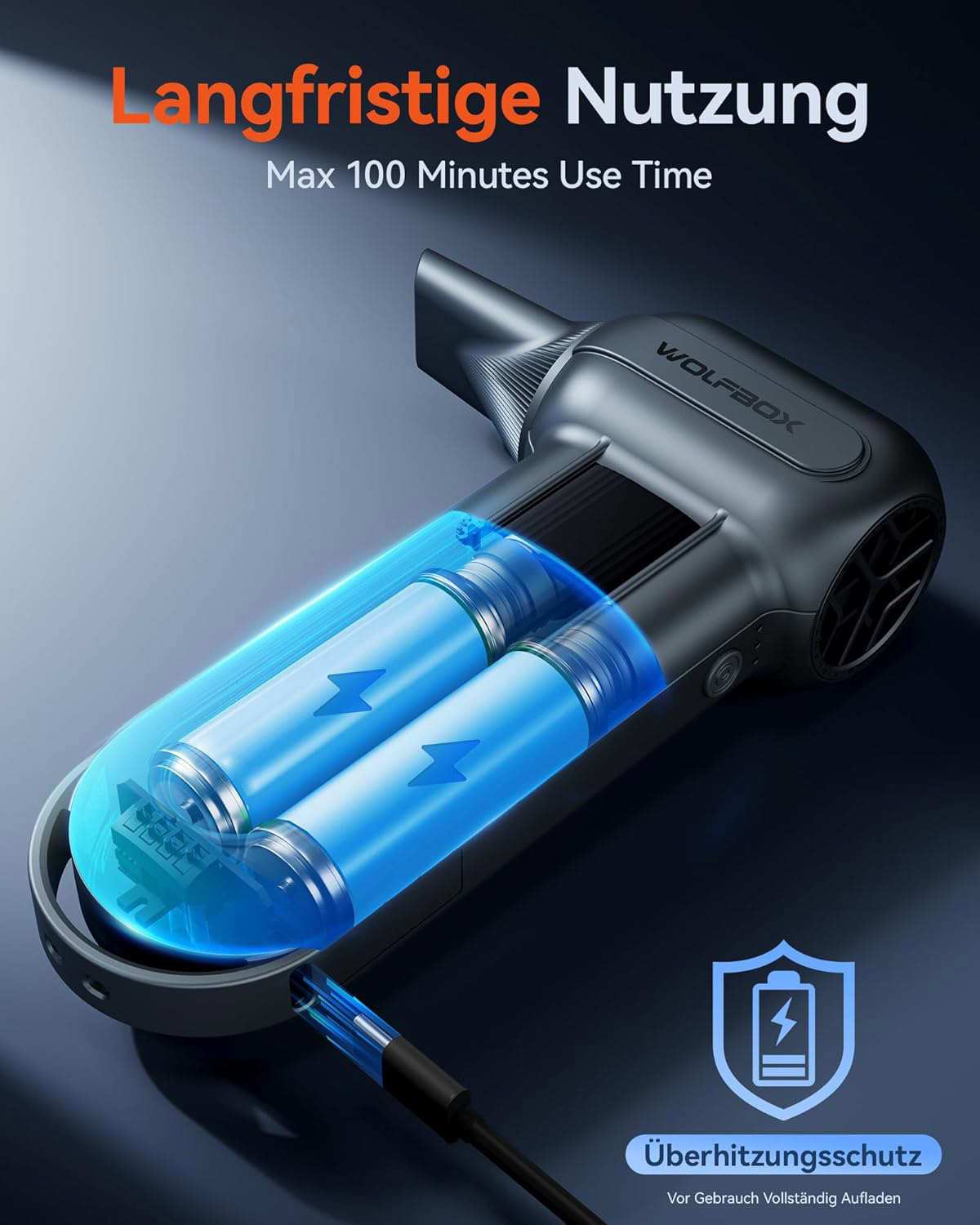 Ein WOLFBOX-Gerät mit zwei blauen Batterien, die aufgeladen werden.