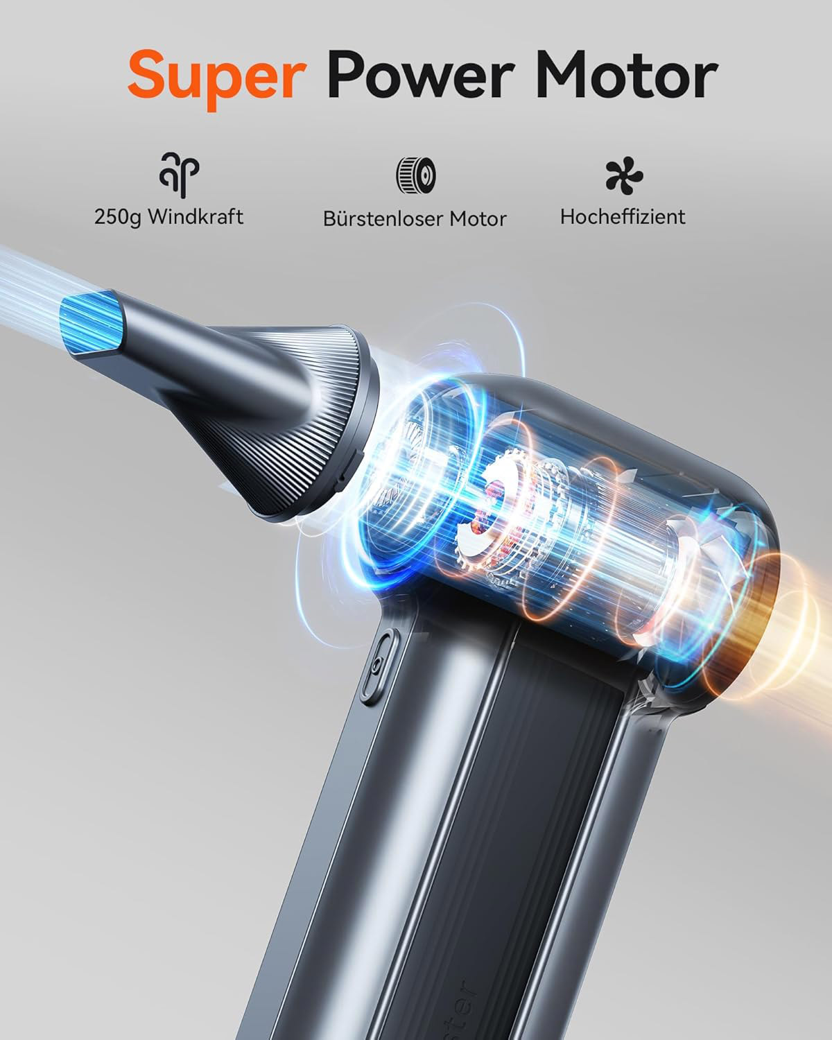 Schnittansicht eines schlanken, grauen Handstaubsaugers mit internem Motor und Blau-Orange-Lichteffekten.
