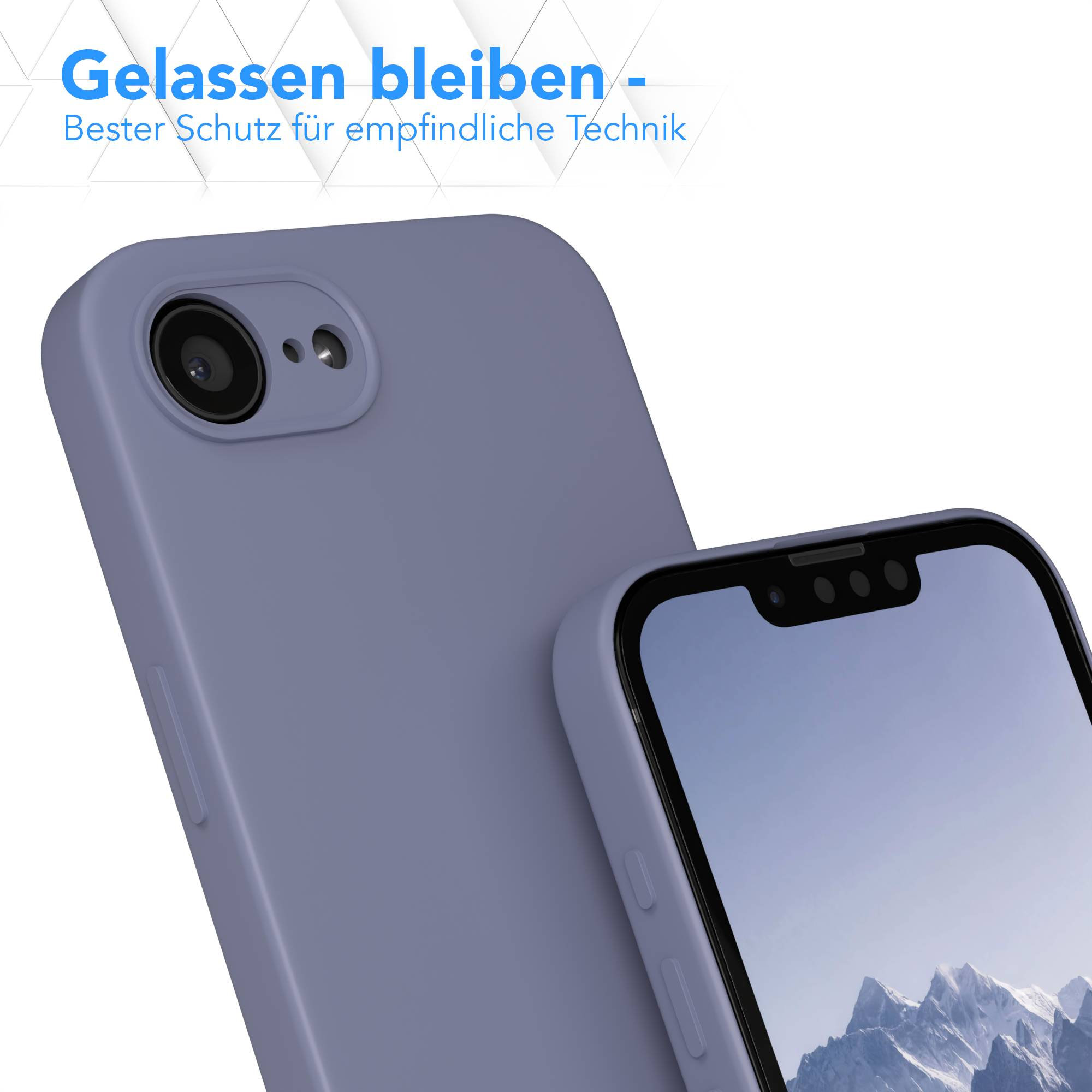Ein lilafarbenes Handygehäuse liegt neben einem Smartphone mit Bergblick.