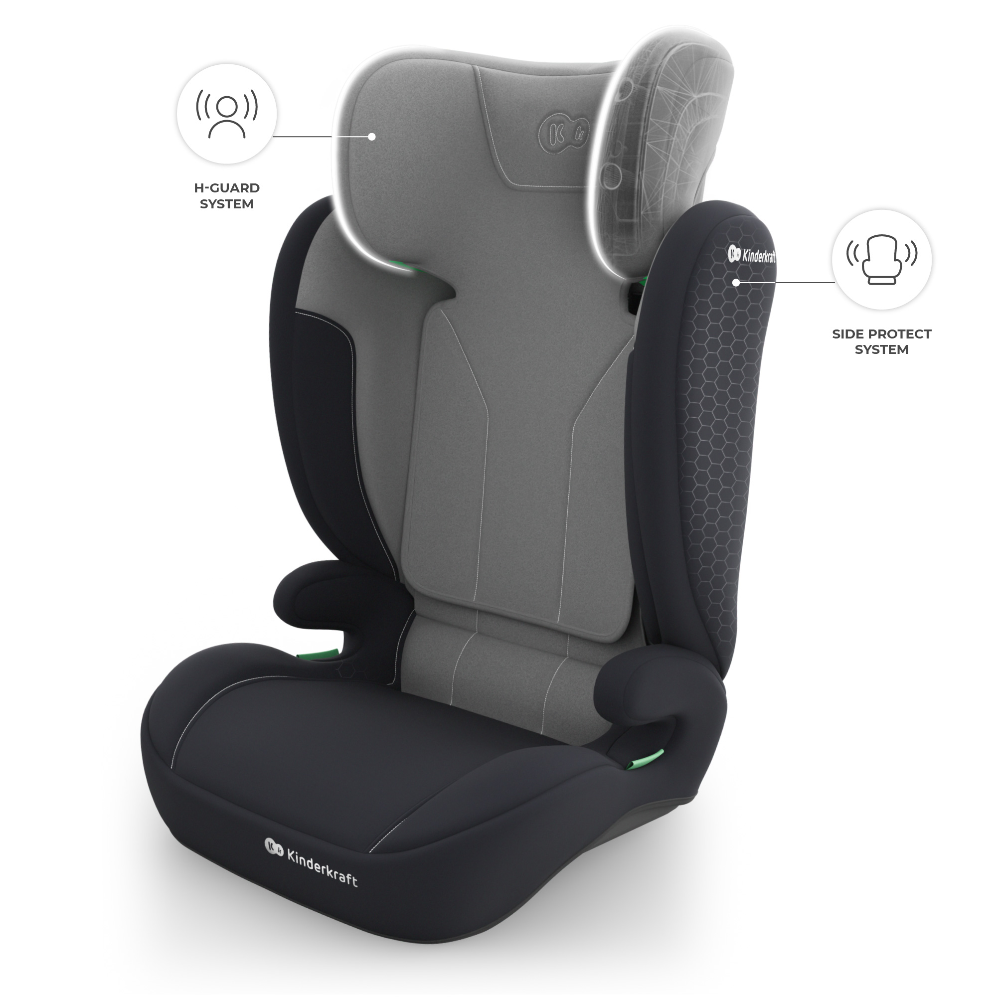 Ein grauer und schwarzer Kindersitz mit H-Guard und Seitenprotektionssystem.