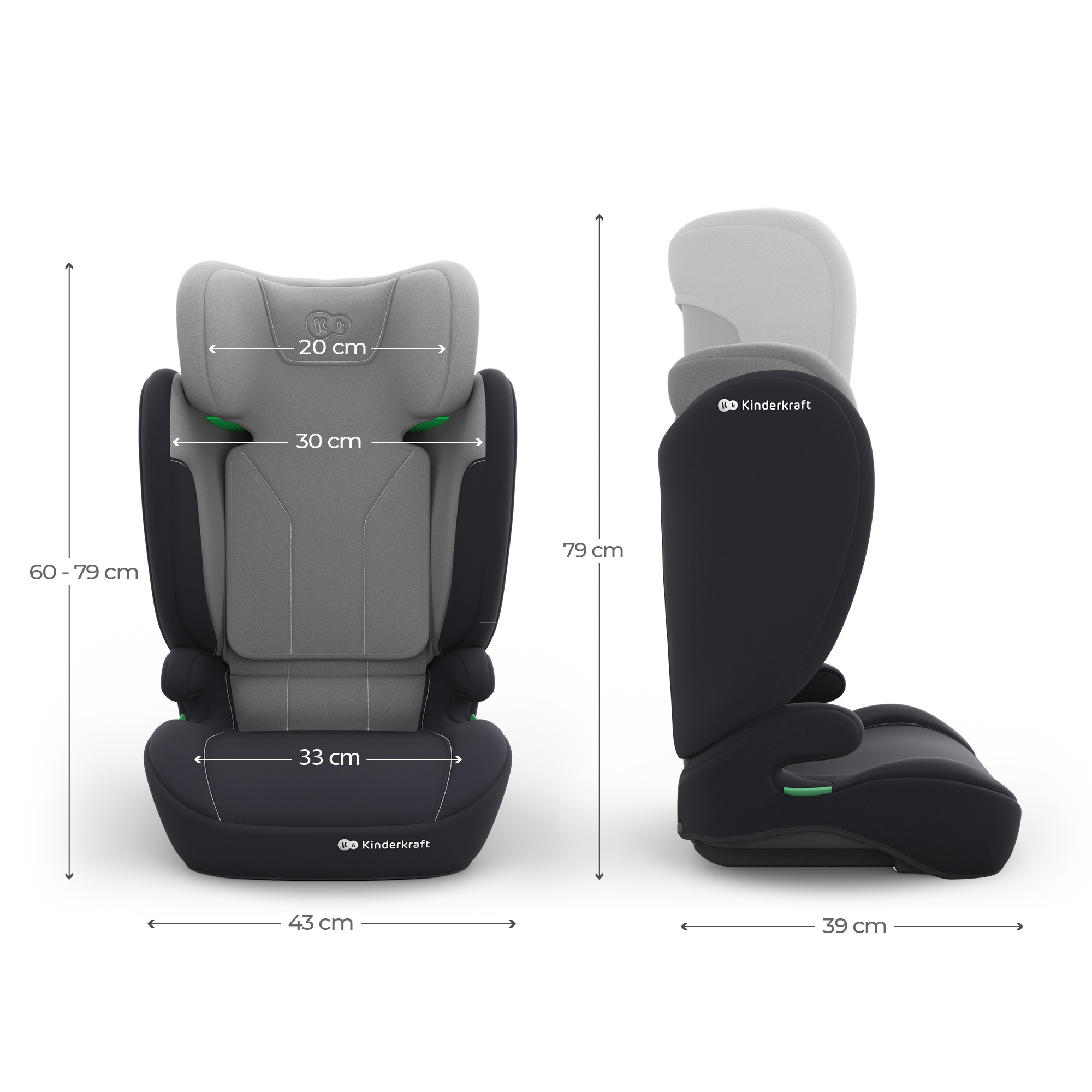Grauer Kindersitz mit schwarzen Seiten und Größenangaben.