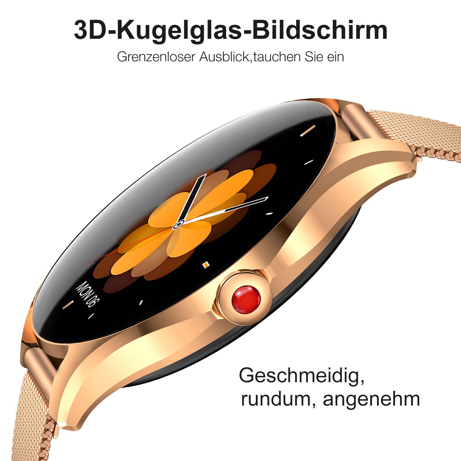 Eine goldene Smartwatch mit 3D-Kugelglas-Bildschirm und orangem Zifferblatt.