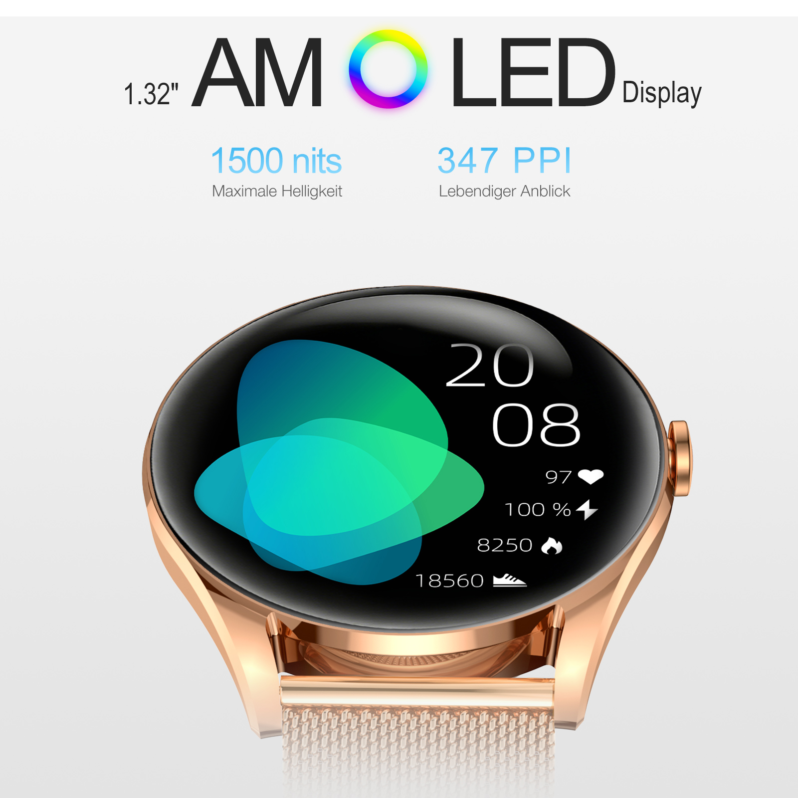 Eine rosegoldene Smartwatch mit AMOLED-Display zeigt Uhrzeit, Herzfrequenz und Schritte.